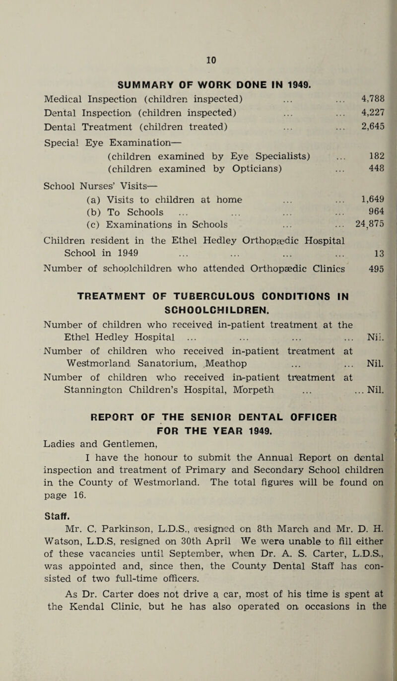 SUMMARY OF WORK DONE IN 1949. Medical Inspection (children inspected) ... ... 4,788 Dental Inspection (children inspected) ... ... 4,227 Dental Treatment (children treated) ... ... 2,645 Special Eye Examination— (children examined by Eye Specialists) ... 182 (children examined by Opticians) ... 448 School Nurses’ Visits— (a) Visits to children at home ... ... 1,649 (b) To Schools ... ... ... ... 964 (c) Examinations in Schools ... ... 24,875 Children resident in the Ethel Hedley Orthopaedic Hospital School in 1949 ... ... ... ... 13 Number of schoolchildren who attended Orthopaedic Clinics 495 TREATMENT OF TUBERCULOUS CONDITIONS IN SCHOOLCHILDREN. Number of children who received in-patient treatment at the Ethel Hedley Hospital ... ... ... ... Nil. Number of children who received in-patient treatment at Westmorland Sanatorium, Meathop ... ... Nil. Number of children who received in-patient treatment at Stannington Children’s Hospital, Morpeth ... ...Nil. REPORT OF THE SENIOR DENTAL OFFICER FOR THE YEAR 1949. Ladies and Gentlemen, I have the honour to submit the Annual Report on dental inspection and treatment of Primary and Secondary School children in the County of Westmorland. The total figures will be found on page 16. Staff. Mr. C. Parkinson, L.D.S., resigned on 8th March and Mr. D. H. Watson, L.D.S, resigned on 30th April We were unable to fill either of these vacancies until September, when Dr. A. S. Carter, L.D.S., was appointed and, since then, the County Dental Staff has con¬ sisted of two full-time officers. As Dr. Carter does not drive a car, most of his time is spent at the Kendal Clinic, but he has also operated on occasions in the