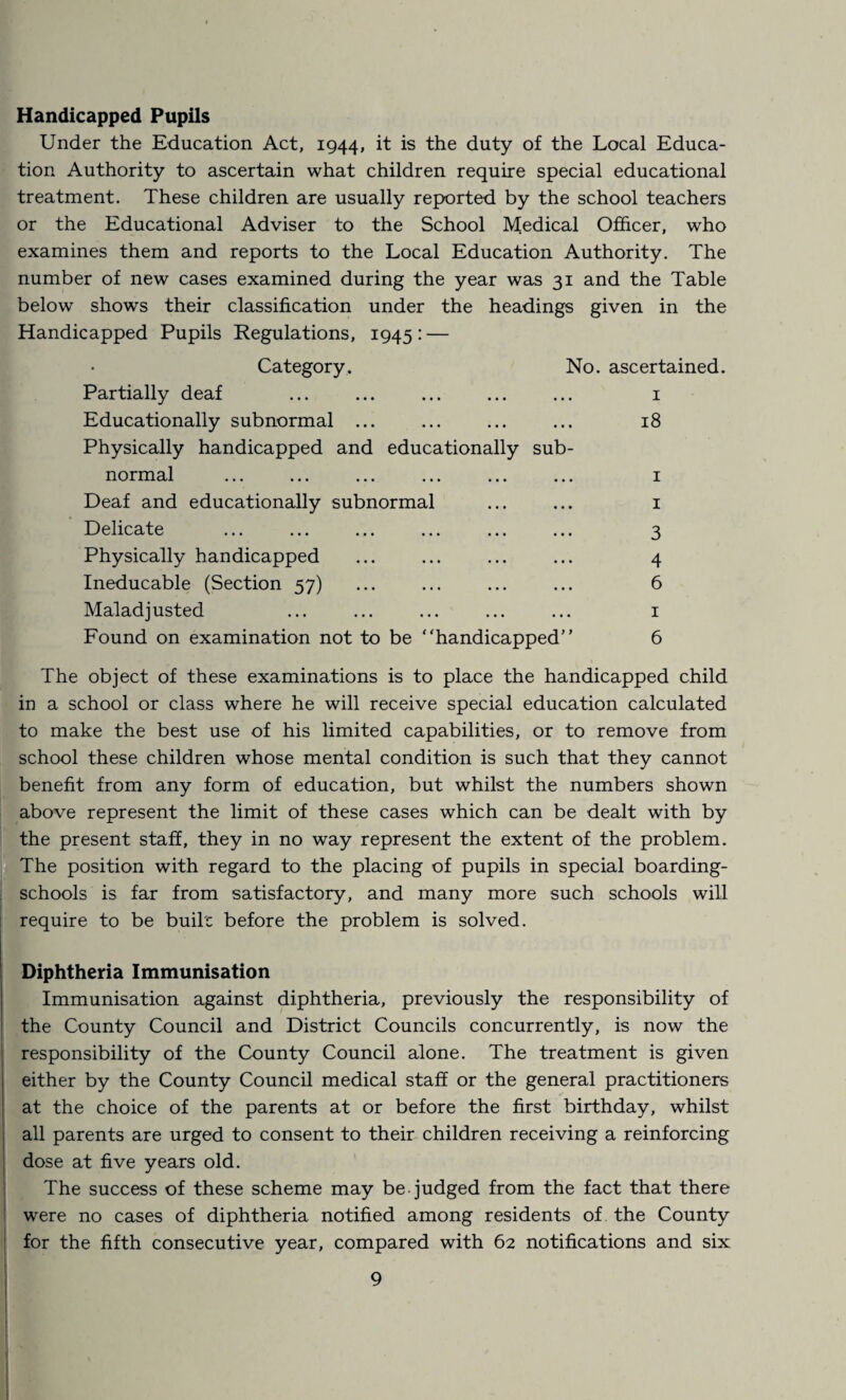 Handicapped Pupils Under the Education Act, 1944, it is the duty of the Local Educa¬ tion Authority to ascertain what children require special educational treatment. These children are usually reported by the school teachers or the Educational Adviser to the School Medical Officer, who examines them and reports to the Local Education Authority. The number of new cases examined during the year was 31 and the Table below shows their classification under the headings given in the Handicapped Pupils Regulations, 1945 : — Category. No. ascertained. Partially deaf . 1 Educationally subnormal ... ... ... ... 18 Physically handicapped and educationally sub¬ normal . ... . 1 Deaf and educationally subnormal ... ... 1 Delicate ... ... ... ... ... ... 3 Physically handicapped ... ... ... ... 4 Ineducable (Section 57) ... ... ... ... 6 Maladjusted ... ... ... ... ... 1 Found on examination not to be ‘'handicapped 6 The object of these examinations is to place the handicapped child in a school or class where he will receive special education calculated to make the best use of his limited capabilities, or to remove from school these children whose mental condition is such that they cannot benefit from any form of education, but whilst the numbers shown above represent the limit of these cases which can be dealt with by the present staff, they in no way represent the extent of the problem. The position with regard to the placing of pupils in special boarding- schools is far from satisfactory, and many more such schools will require to be built before the problem is solved. Diphtheria Immunisation Immunisation against diphtheria, previously the responsibility of the County Council and District Councils concurrently, is now the responsibility of the County Council alone. The treatment is given either by the County Council medical staff or the general practitioners at the choice of the parents at or before the first birthday, whilst all parents are urged to consent to their children receiving a reinforcing dose at five years old. The success of these scheme may be judged from the fact that there were no cases of diphtheria notified among residents of the County for the fifth consecutive year, compared with 62 notifications and six