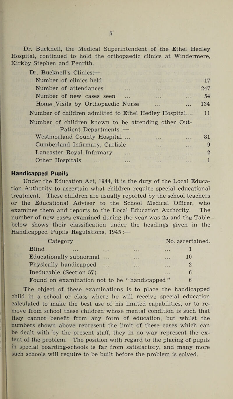 Dr. Bucknell, the Medical Superintendent of the Ethel Hedley Hospital, continued to hold the orthopaedic clinics at Windermere, Kirkby Stephen and Penrith. Dr. Bucknell’s Clinics:— Number of clinics held ... ... ... 17 Number of attendances ... ... ... 247 Number of new cases seen ... ... ... 54 Home Visits by Orthopaedic Nurse ... ... 134 Number of children admitted to Ethel Hedley Hospital..., 11 Number of children known to be attending other Out- Patient Departments :— Westmorland County Hospital ... ... ... 81 Cumberland Infirmary, Carlisle ... ... 9 Lancaster Royal Infirmary ... .... ... 2 Other Hospitals ... ... ... ... 1 Handicapped Pupils Under the Education Act, 1944, it is the duty of the Local Educa¬ tion Authority to ascertain what children require special educational treatment. These children are usually reported by the school teachers or the Educational Adviser to the School Medical Officer, who examines them and reports to the Local Education Authority. The number of new cases examined during the year was 25 and the Table below shows their classification under the headings given in the Handicapped Pupils Regulations, 1945 :— Category. No. ascertained. Blind ... ... ... ... 1 Educationally subnormal ... ... ... 10 Physically handicapped ... ... ... 2 Ineducable (Section 57) ... ... ... 6 Found on examination not to be “ handicapped ” 6 The object of these examinations is to place the handicapped child in a school or class where he will receive special education calculated to make the best use of his limited capabilities, or to re¬ move from school these children whose mental condition is such that they cannot benefit from any form of education, but whilst the numbers shown above represent the limit of these cases which can be dealt with by the present staff, they in no way represent the ex¬ tent of the problem. The position with regard to the placing of pupils in special boarding-schools is far from satisfactory, and many more such schools will require to be built before the problem is solved.