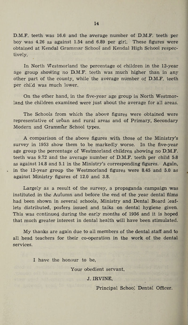 D.M.F. teeth was 16.6 and the average number of D.M.F. teeth per boy was 4.26 as against 1.54 and 6.89 per girl. These figures were obtained at Kendal Grammar School and Kendal High School respec¬ tively. In North Westmorland the percentage of children in the 12-year age group showing no D.M.F. teeth was much higher than in any other part of the county, while the average number of D.M.F. teeth per child was much lower. On the other hand, in the five-year age group in North Westmor¬ land the children examined were just about the average for all areas. The Schools from which the above figures were obtained were representative of urban and rural areas and of Primary, Secondary Modern and Grammar School types. A comparison of the above figures with those of the Ministry’s survey in 1953 show them to be markedly worse. In the five-year age group the percentage of Westmorland children showing no D.M.F. teeth was 9.72 and the average number of D.M.F. teeth per child 5.8 as against 14.8 and 5.1 in the Ministry’s corresponding figures. Again, . in the 12-year group the Westmorland figures were 8.45 and 5.0 as against Ministry figures of 12.0 and 3.8. Largely as a result of the survey, a propaganda campaign was instituted in the Autumn and before the end of the year dental films had been shown in several schools, Ministry and Dental Board leaf¬ lets distributed, posters issued and talks on dental hygiene given. This was continued during the early months of 1956 and it is hoped that much greater interest in dental health will have been stimulated. My thanks are again due to all members of the dental staff and to all head teachers for their co-operation in the work of the dental services. I have the honour to be, Your obedient servant, J. IRVINE, 0 Principal School Dental Officer.