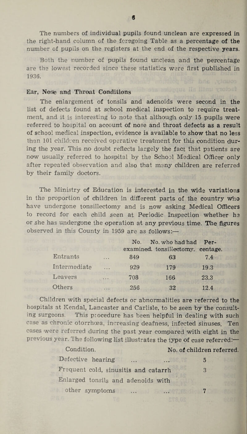 9 The numbers of individual pupils found unclean are expressed in the right-hand column of the foregoing Table as a percentage of the number of pupils on the registers at the end of the respective years. Both the number of pupils found ulnclean and the percentage are the lowest recorded since these statistics were first published in 1936. Ear, Noste and Throat Conditions The enlargement of tonsils and adenoids were second in the list of defects found at school medical inspection to require treat¬ ment, and it is interesting to note that although only 15 pupils were referred to hospital on account of nose and throat defects as a result of school medical inspection, evidence is available to show that no less than 101 children received operative treatment for this condition dur¬ ing the year. This mo doubt reflects largely the fact that patients are now usually referred to hospital by the School Medical Officer only after repeated observation and also that many Children are referred by their family doctors. The Ministry of Education is interested in the wide variations in the proportion of children in different parts of the country who have undergone tonsillectomy and is now asking Medical Officers to record for each child seen at Periodic Inspection whether he or she has undergone the operation at any previous time. The figures observed im this County in 1959 are as follows:— No. No. who had! had Per¬ examined tonsillectomy. centage Entrants 849 03 7.4 Intermediate 929 179 19.3 Leavers 708 166 23.3 Others 256 32 12.4 Children with special defects or abnormalities are referred to the hospitals at Kendal, Lancaster and Carlisle, to be seen by the consult¬ ing surgeons. This procedure has been helpful in dealing with such case as chronic otorrhoea, increasing deafness, infected sinuses. Ten oases were referred during the past year compared with eight in the previous year. The following list illustrates the type of case referred:— Condition. No. of children referred. Defective hearing ... ... 5 Frequent cold, sinusitis and catarrh 3 Enlarged tonsils and adenoids with other symptoms ... ... 7