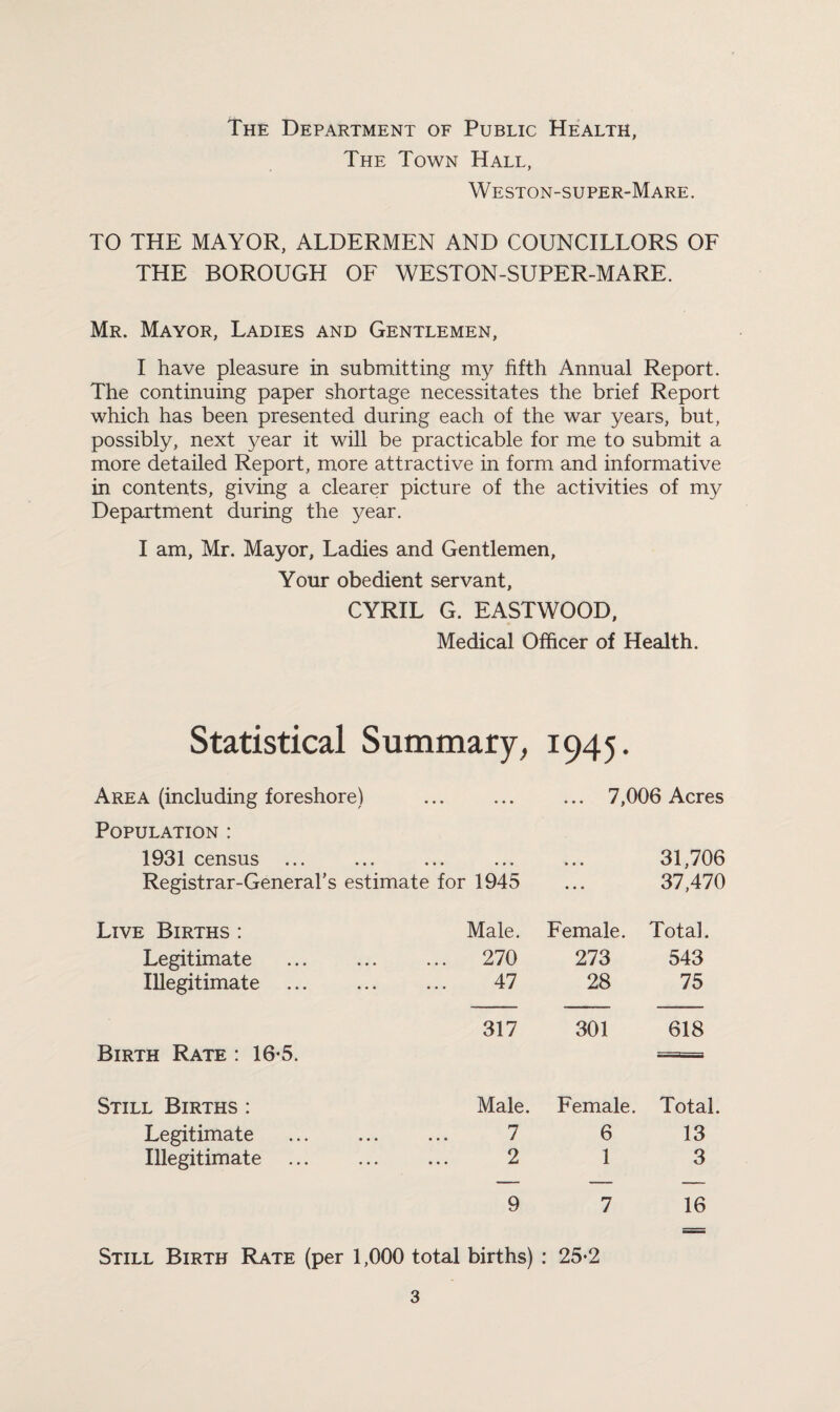 The Department of Public Health, The Town Hall, Weston-super-Mare. TO THE MAYOR, ALDERMEN AND COUNCILLORS OF THE BOROUGH OF WESTON-SUPER-MARE. Mr. Mayor, Ladies and Gentlemen, I have pleasure in submitting my fifth Annual Report. The continuing paper shortage necessitates the brief Report which has been presented during each of the war years, but, possibly, next year it will be practicable for me to submit a more detailed Report, more attractive in form and informative in contents, giving a clearer picture of the activities of my Department during the year. I am, Mr. Mayor, Ladies and Gentlemen, Your obedient servant, CYRIL G. EASTWOOD, Medical Officer of Health. Statistical Summary, 1945. Area (including foreshore) • • • • • • ... 7,006 Acres Population : 1931 census ... • • • • • • • • • 31,706 Registrar-General’s estimate for 1945 ... 37,470 Live Births : Male. Female. Total. Legitimate . ... 270 273 543 Illegitimate . 47 28 75 317 301 618 Birth Rate : 16-5. -— Still Births : Male. Female. Total. Legitimate . 7 6 13 Illegitimate . 2 1 3 9 7 16 Still Birth Rate (per 1,000 total births) : 25-2