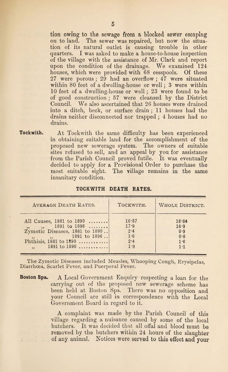 tion owing to the sewage from a blocked sewer escaping on to land. The sewer was repaired, but now the situa¬ tion of its natural outlet is causing trouble in other quarters. I was asked to make a house-to-house inspection of the village with the assistance of Mr. Clark and report upon the condition of the drainage. We examined 124 houses, which were provided with 68 cesspools. Of these 27 were porous ; 29 had an overflow ; 47 were situated within 80 feet of a dwelling-house or well; 3 were within 10 feet of a dwelling-house or well; 23 were found to be of good construction ; 57 were cleansed by the District Council. We also ascertained that 26 houses were drained into a ditch, beck, or surface drain; 11 houses had the drains neither disconnected nor trapped; 4 houses had no drains. Tockwith. At Tockwith the same difficulty has been experienced in obtaining suitable land for the accomplishment of the proposed new sewerage system. The owners of suitable sites refused to sell, and an appeal by you for assistance from the Parish Council proved futile. It was eventually decided to apply for a Provisional Order to purchase the most suitable sight. The village remains in the same insanitary condition. TOCKWITH DEATH RATES. Average Death Rates. Tockwith. Whoee District. All Causes, 1881 to 1890 . 16-87 16-84 „ ,, 1891 to 1896 . 17-9 16-9 Zymotic Diseases, 1881 to 1890 .. 2-4 0-9 ,, ,, 1891 to 1896 .. 1*6 0-8 Phthisis, 1881 to 1890 . 2-4 1-6 „ 1891 to 1896 . 1*9 IT The Zymotic Diseases included Measles, Whooping Cough, Erysipelas, Diarrhoea, Scarlet Fever, and Puerperal Fever. Boston Spa. A Local Government Enquiry respecting a loan for the carrying out of the proposed new sewerage scheme has been held at Boston Spa. There was no opposition and your Council are still in correspondence with the Local Government Board in regard to it. A complaint was made by the Parish Council of this village regarding a nuisance caused by some of the local butchers. It was decided that all offal and blood must be removed by the butchers within 24 hours of the slaughter of any animal. Notices were served to this effect and your