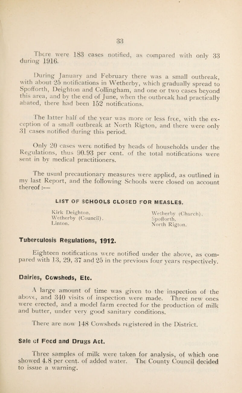 38 1 here were 183 cases notified, as compared with only 33 during- 1916. During January and February there was a small outbreak, with about 25 notifications in Wetherby, which gradually spread to Spofforth, Deighton and Collingham, and one or two cases beyond this area, and by the end of June, when the outbreak had practically abated, there had been 152 notifications. The latter half of the year was more or less free, with the ex¬ ception of a small outbreak at North Rig'ton, and there were only 31 cases notified during this period. Only 20 cases were notified by heads of households under the Regulations, thus 90.93 per cent, of the total notifications were sent in by medical practitioners. The usual precautionary measures were applied, as outlined in my last Report, and the following Schools were closed on account thereof:— LIST OF SCHOOLS CLOSED FOR MEASLES. Kirk Deighton. Wetherby (Council). Linton. Wetherby (Church). Spofforth. North Rigton. Tuberculosis Regulations, 1912. Eighteen notifications tvere notified under the abo-ve, as com¬ pared with 13, 29, 37 and 25 in the previous four years respectively. Dairies, Cowsheds, Etc. A large amount of time was given to the inspection of the above, and 340 visits of inspection were made. Three new ones were erected, and a model farm erected for the production of milk and butter, under very good sanitary conditions. I here are now 148 Cowsheds registered in the District. Sale of Food and Drugs Act. Three samples of milk were taken for analysis, of which one showed 4.8 per cent, of added water. The County Council decided to issue a warning. O