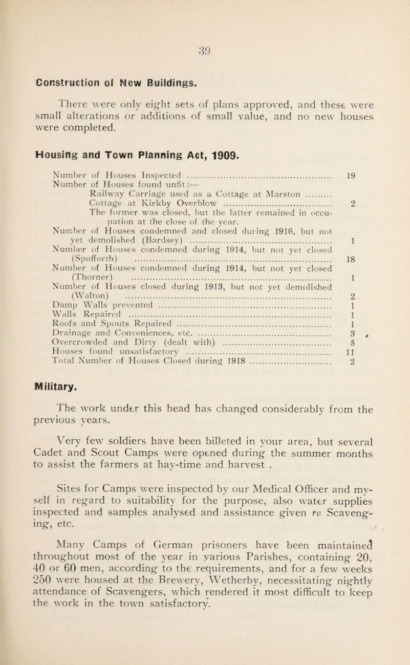 Construction ot ^Sew Buildings. There were only eight sets of plans approved, and these were small alterations or additions of small value, and no new houses were completed. Housing and Town Planning Act, 1909. Number of Houses Inspected . 19 Number of Houses found unfit:— Railway Carriage used as a Cottage at Marston . Cottage at Kirkby Overblow . 2 The former was closed, but the latter remained in occu¬ pation at the close of the year. Nuir.ber of Houses condemned and closed during 1916, but not yet demolished (Bardsey) . 1 Number of Houses condemned during 1914, but not yet closed (Spofforth) . 18 Number of Houses condemned during 1914, but not yet closed (Thorner) . 1 Number of Houses closed during 1913, but not yet demolished (Walton) . 2 Damp Walls prevented . 1 Walls Repaired . 1 Roofs and Spouts Repaired . 1 Drainage and Conveniences, etc. 3 ^ Overcrowded and Dirty (dealt with) . 5 H ouses found unsatisfactory . 11 Total Number of Houses Closed during 1918 . 2 flilitary. The work under this head has changed considerably from the previous years. Very few soldiers have been billeted in your area, but several Cadet and Scout Camps were opened during the summer months to assist the farmers at hay-time and harvest . Sites for Camps were inspected by our Medical Officer and my¬ self in regard to suitability for the purpose, also water supplies inspected and samples analysed and assistance given re Scaveng¬ ing, etc. Many Camps of German prisoners have been maintained throughout most of the year in yarious Parishes, containing 20, 40 or 60 men, according to the requirements, and for a few weeks 250 were housed at the Brewery, Wetherby, necessitating nightly attendance of Scavengers, which rendered it most difficult to keep the work in the town satisfactory.