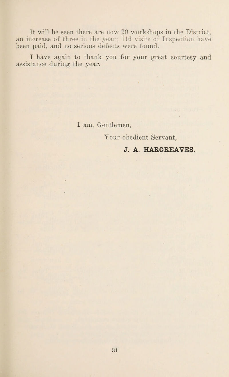 It will be seen there are now 90 workshops in the District, an increase of three in the year; 116 visits of Inspection have been paid, and no serious defects were found. I have again to thank you for your great courtesy and assistance during the year. I am, Gentlemen, Your obedient Servant, J. A. HARGREAVES.