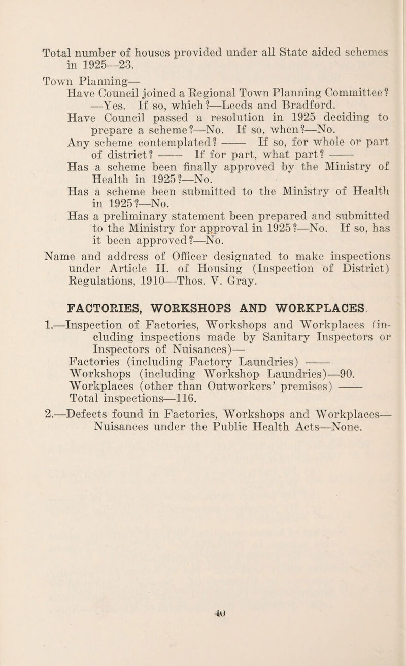 Total number of houses provided under all State aided schemes in 1925—23. Town Planning— Have Council joined a Regional Town Planning Committee? —Yes. If so, which?—Leeds and Bradford. Have Council passed a resolution in 1925 deciding to prepare a scheme?—No. If so, when?—No. Any scheme contemplated?- If so, for whole or part of district?-If for part, what part? - Has a scheme been finally approved by the Ministry of Health in 1925?—No. Has a scheme been submitted to the Ministry of Health in 1925?—No. Has a preliminary statement been prepared and submitted to the Ministry for approval in 1925?—No. If so, has it been approved?—No. Name and address of Officer designated to make inspections under Article II. of Housing (Inspection of District) Regulations, 1910—Thos. Y. Gray. FACTORIES, WORKSHOPS AND WORKPLACES 1. —Inspection of Factories, Workshops and Workplaces (in¬ cluding inspections made by Sanitary Inspectors or Inspectors of Nuisances)— Factories (including Factory Laundries) - Workshops (including Workshop Laundries)—90. Workplaces (other than Outworkers’ premises) - Total inspections—116. 2. —Defects found in Factories, Workshops and Workplaces— Nuisances under the Public Health Acts—None.