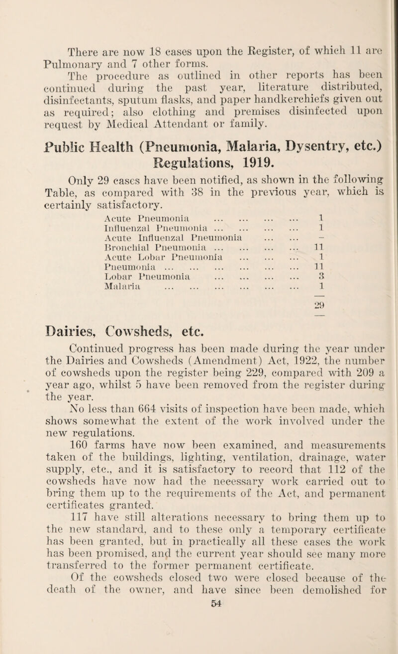 There are now 18 cases upon the Register, of which 11 are Pulmonary and 7 other forms. The procedure as outlined in other reports has been continued during the past year, literature distributed, disinfectants, sputum flasks, and paper handkerchiefs given out as required; also clothing and premises disinfected upon request by Medical Attendant or family. Public Health (Pneumonia, Malaria, Uysentry, etc.) Regulations, 1919. Only 29 cases have been notified, as shown in the following Table, as compared with 38 in the previous year, which is certainly satisfactory. Acute Pneumonia . 1 Influenzal Pneumonia. 1 Acute Influenzal Pneumonia . Bronchial Pneumonia. 11 Acute Lobar Pneumonia . 1 Pneumonia. 11 Lobar Pneumonia . 3 Malaria . 1 29 Dairies, Cowsheds, etc. Continued progress has been made during the year under the Dairies and Cowsheds (Amendment) Act, 1922, the number of cowsheds upon the register being 229, compared with 209 a year ago, whilst 5 have been removed from the register during the year. No less than 664 visits of inspection have been made, which shows somewhat the extent of the work involved under the new regulations. 160 farms have now been examined, and measurements taken of the buildings, lighting, ventilation, drainage, water supply, etc., and it is satisfactory to record that 112 of the cowsheds have now had the necessary work carried out to bring them up to the requirements of the Act, and permanent certificates granted. 117 have still alterations necessary to bring them up to the new standard, and to these only a temporary certificate has been granted, but in practically all these cases the work has been promised, and the current year should see many more transferred to the former permanent certificate. Of the cowsheds closed two were closed because of the death of the owner, and have since been demolished for