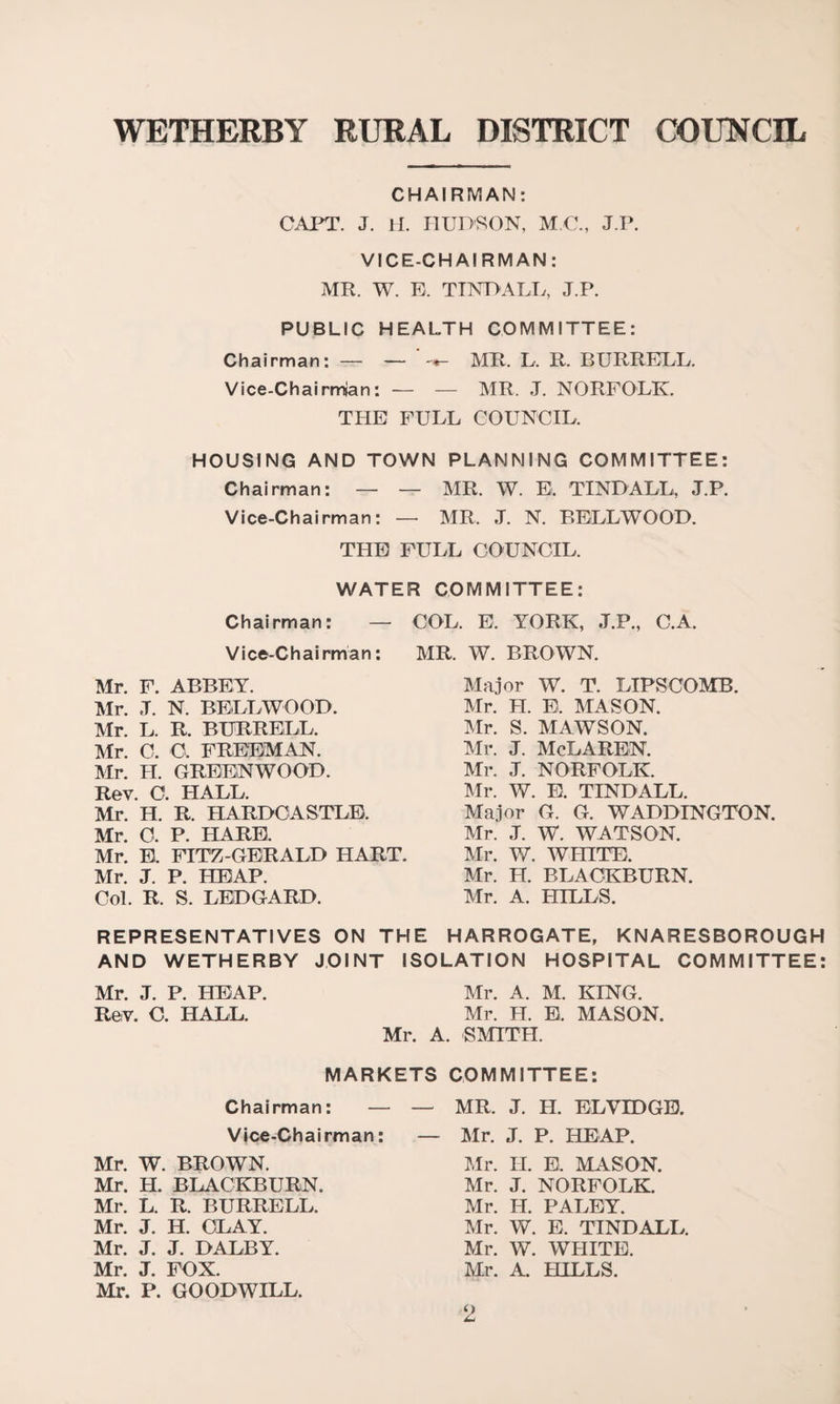 CHAIRMAN: CAPT. J. H. HUDSON, M.C., J.P. VICE-CHAIRMAN: MR. W. E. TINDALL, J.P. PUBLIC HEALTH COMMITTEE: Chairman: — — -<*- MR. L. R. BURRELL. Vice-Chairman: — — MR. J. NORFOLK. THE FULL COUNCIL. HOUSING AND TOWN PLANNING COMMITTEE: Chairman: — — MR. W. E. TINDALL, J.P. Vice-Chairman: — MR. J. N. BELLWOOD. THE FULL COUNCIL. WATER COMMITTEE: Chairman: — COL. E. YORK, J.P., C.A. Vice-Chairman: MR. W. BROWN. Mr. F. ABBEY. Mr. J. N. BELLWOOD. Mr. L. R. BURRELL. Mr. C. C. FREEMAN. Mr. PI. GREENWOOD. Rev. O. HALL. Mr. H. R. HARDCASTLE. Mr. 0. P. HARE. Mr. E. FITZ-GERALD HART. Mr. J. P. HEAP. Col. R. S. LEDGARD. Major W. T. LIPSCOMB. Mr. H. B. MASON. Mr. S. MAWSON. Mr. j. McLaren. Mr. J. NORFOLK. Mr. W. E. TINDALL. Major G. G. W ADDINGTON. Mr. J. W. WATSON. Mr. V/. WHITE. Mr. PI. BLACKBURN. Mr. A. HILLS. REPRESENTATIVES ON THE HARROGATE, KNARESBOROUGH AND WETHERBY JOINT ISOLATION HOSPITAL COMMITTEE: Mr. J. P. HEAP. Mr. A. M. KING. Rev. C. HALL. Mr. H. E. MASON. Mr. A. SMITH. MARKETS COMMITTEE: Chairman: — Vice-Chairman: Mr. W. BROWN. Mr. H. BLACKBURN. Mr. L. R. BURRELL. Mr. J. H. OLAY. Mr. J. J. DALBY. Mr. J. FOX. Mr. P. GOODWILL. — MR. J. H. ELVIDGE. — Mr. J. P. HEAP. Mr. PI. E. MASON. Mr. J. NORFOLK. Mr. H. PALEY. Mr. W. E. TINDALL. Mr. W. WHITE. Mr. A. HILLS.