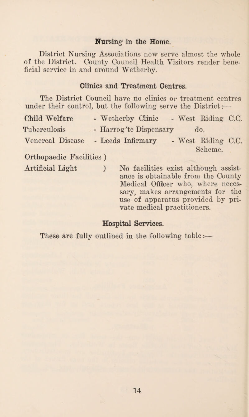 Nursing in the Home. District Nursing Associations now serve almost the whole of the District., County Council Health Visitors render bene¬ ficial service in and around Wetherby. Clinics and Treatment Centres. The District Council have no clinics or treatment centres under their control, but the following serve the District:— Child Welfare - Wetherby Clinic - West Riding C.C. Tuberculosis - Harrog’te Dispensary do. Venereal Disease - Leeds Infirmary - West Riding C.C. Scheme. Orthopaedic Facilities ) Artificial Light ) No facilities exist although assist¬ ance is obtainable from the County Medical Officer who, where neces¬ sary, makes arrangements for the use of apparatus provided by pri¬ vate medical practitioners. Hospital Services. These are fully outlined in the following table:—