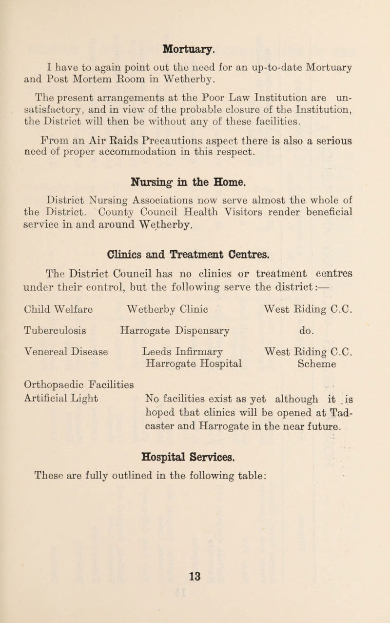 Mortuary. I have to again point out the need for an up-to-date Mortuary and Post Mortem Koom in Wetherby. The present arrangements at the Poor Law Institution are un¬ satisfactory, and in view of the probable closure of the Institution, the District will then be without any of these facilities. Prom an Air Raids Precautions aspect there is also a serious need of proper accommodation in this respect. Nursing' in the Home. District Nursing Associations now serve almost the whole of the District. County Council Health Visitors render beneficial service in and around Wetherby. Clinics and Treatment Centres. The District Council has no clinics or treatment centres under their control, but the following serve the district:— Child Welfare Wetherby Clinic West Riding C.C. Tuberculosis Harrogate Dispensary do. Venereal Disease Leeds Infirmary West Riding C.C. Harrogate Hospital Scheme Orthopaedic Facilities - ^ Artificial Light No facilities exist as yet although it ..is hoped that clinics will be opened at Tad- caster and Harrogate in the near future. Hospital Services. These are fully outlined in the following table: