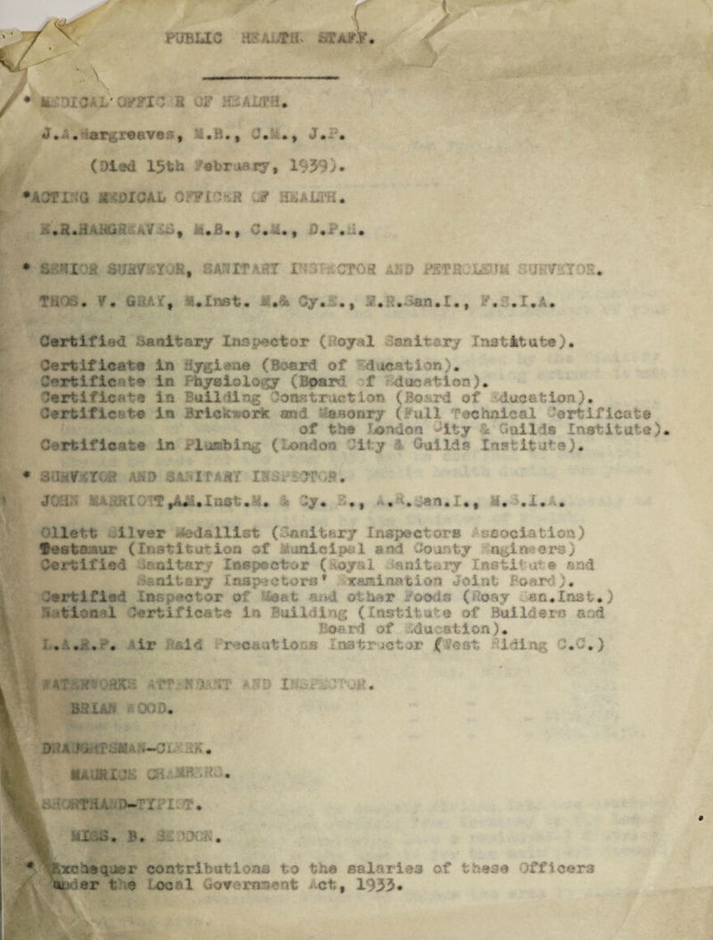 f P'JBLIC £»?*r.Y* • k. - .7 -. • ,-PI'VS OF mhW . J., . argmvefr# :.B*, J* J._* (Died 15th Tabrasry, 1959)* •■«. J?l: i *-;oiJAL Or?I r-.R OF H^LTH* .... , C*tt*9 £...,. * i9 tAHSPJunr rro-.-.cTo^ a ?f. >o. y. G Uf *:.Inet. M*& Gy. :., l.8*<3arul. # F. ,r.A. Certified 3anitary Inspector (Royal Unitary Institute). Certificate in jrgiaae (Board of Lducation)* Certificate in Physiology (Board f due at Ion). Certificate in Building Construction (Board of location). Certificate in Brickwork mid Hasoory (Full Technical Certificate of the Ionian lity 4 Guilds Institute). C erfclficate i n i 1 omb i ng ( London 0 i t y -I Out Ids Institute). ♦ 38HV.4ro& in I: .. . KSP. 1 Inst.at* 4 Cy« O.j a A« : «| • • X• •-• Ollett silver *»adallist (Sanitary Inspectors Association) festsaur <Institution of Mifl&ielpsl and County ngineers) Certified sanitary Inspector ( oyal saitory Institute and -.^c ait ary Inspectors * rami oat ion Joint Board). Certified Inspect and other Feeds < a. Inst. .< itionai Certificate in Building (Institute of Builders and . . .. .. . . vlr Laid meant lo -a Instructor jfleat i&ing C.C.) t • ) n £ A U. . 000* •. ; - — :h A. IUUSXCA C-. : • Or II aX.,o. B. i- .’-X'K. * TBfcBcbsquer contributions to the salaries of these Officers aimer t a :oc U . ;v >n»eat tl, 1935*