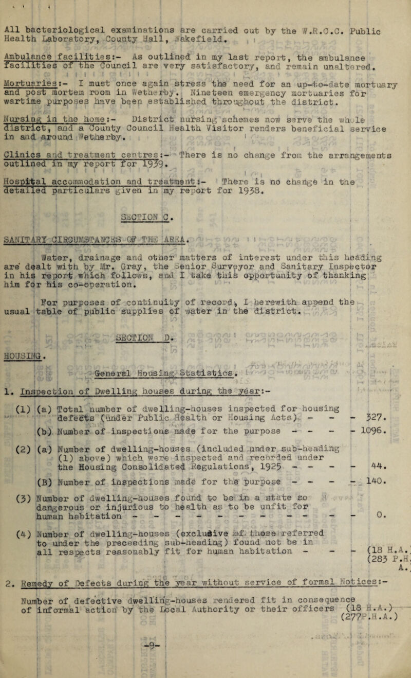 « 1 All bacteriological examinations are carried out by the V.R.C.C. Public Health Laboratory, County Hall, ./akefield. Ambulance facilities:- As outlined in my last report, the ambulance facilities of the Council are very satisfactory, and remain unaltered. id ’ i i i i i titt ; i-i, i » -v MortuariesI must once again stress the need for an up-to-date mortuary and post mortem room in vVethrby. Nineteen emergency mortuaries for wartime purposes have been established throughout the district. I L. Jr « *. v • .. ’ , / >V • i. . . . • h j*i A/o # »« / IJ J A m r J v-* ^ ' r . / t y Nursing in tho home:- District nursing schemes now serve the whole district, and a County Council Health Visitor renders beneficial service in and around Netjherby. i I f J ^ /ff c \i u» \J *>■» , /* > . I 4 J ’ ■ . i ; 1 < ■ ’ Clinics and treatment centres:- There is no change from the arrangements outlined in my report for 1939* . Hospital accommodation and treatment:- There is no change in the detailed particulars given in my report for 1938. SECTION C. SANITARY OIHOU . -CHS OF Th v; ;A. Water, drainage and otner matters of interest under this heading are dealt with by Mr. Gray, the senior Purveyor and Sanitary Inspector in his report which follows, and I take tlaish opportunity of thanking him for his co-operation. For purposes of continuity of record i, I herewith append the usual table of public supplies of water in the district. 0 J SECTION r- r HOUSING. , , ■ General Housing-- Statist ics. | l.l . w ■ .- — Wirt I I-)' 1. Inspection of Dwelling houses during; the year:- (1) (a) Total number of dwelling-houses inspected for housing defects (under Public. Health or Housing Acts) - (b) Number of inspections made for the purpose - - - 327. - 1096. (2) (a) Number of dwelling-houses (included under sub-heading (1) above) which were inspected and recorded under the Housing Consolidated Regulations, 1925 - - (B) Number of inspections made for the purpose - - 44. 140. (3) Number of dwelling-houses found to be in a state so dangerous or injurious to health as to be unfit for human habitation - -- -- -- - - 0. (4) Number of dwelling-houses (exclusive ;of these referred to under the proceeding sub-neading) found not be in all respects reasonably fit for human habitation - (18 h.a.; (283 P.H, A.' !<t> 2. Remedy of Defects during the year without service of formal Notices:- Number of defective dwelling-nouses rendered fit in consequence of informal action by the Local Authority or their officers (18 H.A.) (277P.H.A.) -Q-