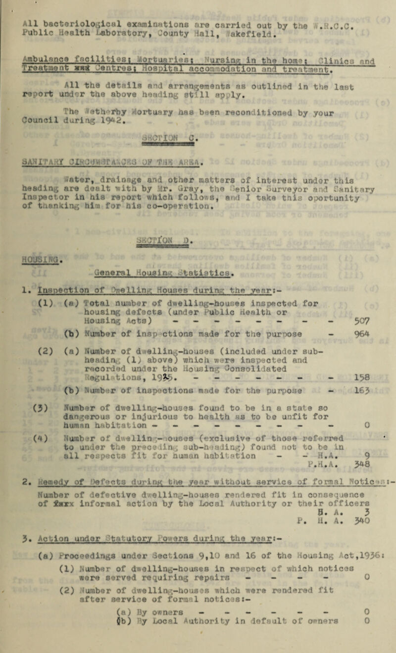 All bacteriological examinations are carried out by the V.R.C.C. Public Health Laboratory, County Hall, akefield. Ambulance facilitiesi Mortuariest Nursing in the hornet Clinics and Treatment WKt Centres; Hospital accommodation and treatment All the details and arrangements as outlined in the last report und'r the above heading still apply. The eth> rby Mortuary has been reconditioned by your Council during 1942. 8 HOT I oA-ili'A:./ Cl'- :m a J jy ah-,a. -ater, drainage and other matters of interest undor this heading are dealt with by Mr. Cray, the Senior Surveyor and Sanitary Inspector in his report which follows, and I take tnis ooortunity of t lacking hi >1 for his co-operation. GHCTIQN D. HOGGING. General Housing otatietlcs. 1. Inspection of felling Houses during the year;- (1) (a) Total number of dwelling-houses inspected for housing defects (under Public Health or Housing Acts) ------ - - 507 (b) Number of insp ctions made for the purpose - 964 (2) (a) Number of dwelling-houses (included under sub¬ heading (1; above) which were inspected and recorded under the Housing Consolidated ogul tions, I9£5• ------ - 158 (b) Number of inspections made for the purpose - 165 (3) Number of dwelling-houses found to be in a state so dangerous or injurious to health as to be unfit for human habitation ------- - - 0 (a) Number ol U - ouses (exclusive of those referred to under the preceding sub-heading) found not to be in all respects fit for human habitation - - H.A. 9 P.H.A. 348 2. Hemed.y of defects during the year without service of formal Noticesi Number of defective d/elling-houses rendered fit in consequence of iaxx informal action by the Local Authority or their officers 3. A. 3 P. H. A. 340 3. Action undor ’tatutory Powers during the yaar:- (a) Proceedings under Sections 9,10 and 16 of the Housing Act,1936* (1) Number of dwelling-houses in respect of which notices wore served requiring repairs - - - - 0 (2) Number of dwelling-houses which were rendered fit after service of forme 1 notices:- (a) By owners ------ 0 Ob) Ry Local Authority in default of owners 0