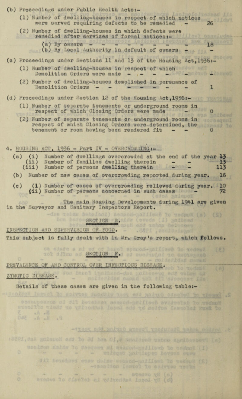 (b) Proceedings under Public Health Actss- (1) Number of dwelling-houses in respect of which notices were served requiring defects to be remedied - 26 (2) Number of dwelling-houses in which defects were remedied after services of formal noticest- (a) By owners - 18 (b) By Local Authority in default of owners - - (c) Proceedings under Sections 11 and 13 of the Housing Act,1936x- (1) Number of dwelling-houses in respect of which demolition Orders were made - , - - - - - (2) Number of dwelling-houses demolished in pursuance of Demolition Orders — - - - - - ■ - 1 (d) Proceedings under Section 12 of the Housing Act,1936s- (1) Number of separate tenements or underground rooms in respect of which Closing Orders were made - 0 (2) Number of separate tenements or underground rooms in respect of which Closing rders were determined, the tenement or room having been rendered fit - - 0 ♦ 4. HDUGINu ACT. 1956 - Part LV - OV>-H IRQ.* ilNG x- (a) (i) Number of dwellings overcrowded at the end of the year 43 (ii) Number of families dwelling therein - - 13 (iii) Number of persons dwelling therein - - 113 (b) Number of new cases of overcrowding reported during year, 16 (c) (1) Number of cases of overcrowding relieved during year. 10 j}ii) Number of persons concerned in such cases - 72 The main housing Developments during 1941 are given in the Surveyor and Sanitary Inspectors Report. INSPECTION A-ID SU it-An Vi SI ON OF FOOD. This subject is fully dealt with in air. Gray's report, which follows. Sp'gTIQS F. V ’ ■ * ZYMOTIC DISEASE. Details of these cases are given in the following tables-