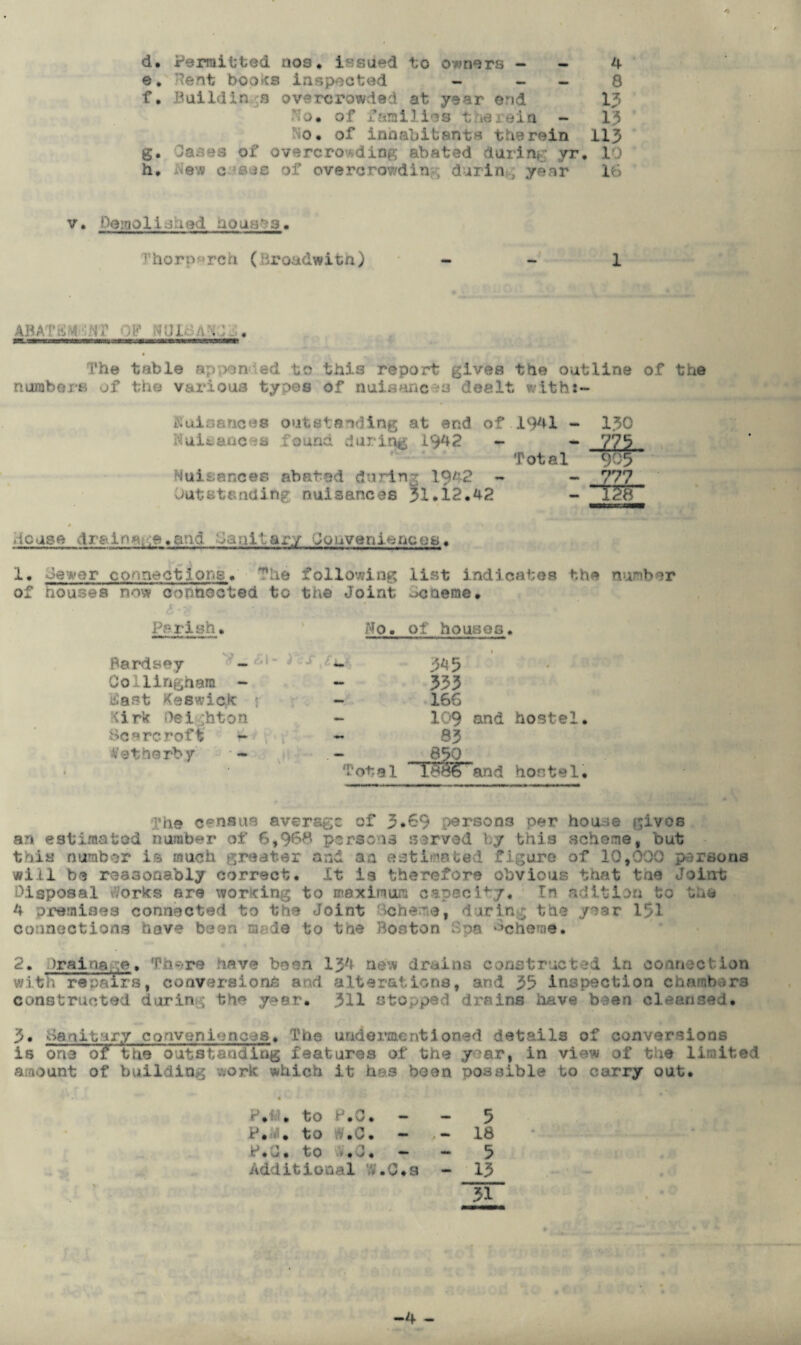 e. Bent books inspected - 8 f. Buildings overcrowded at year end 13 No* of families the. a in - 13 ho. of innabitants therein 113 g. Oases of overcrowding abated during yr. 10 h. hew c 'sue of overcrowdin ; dirin year 16 v. Demolished houses. Phorp»rch (Bro&dwitn) - - 1 AlU =• >J h hi, , . The table appen ed to this report gives the outline of the numbers of the various types of nuisances dealt ?.\ith:~ Nuisances Nuitances outstanding at and of f a and d a r ing 194 2 - 1941 - 130 775 Nuisances abated during 1942 - Total 905 777 Outstanding nuisances 31.12.42 •» 1^8 hcuse drain*,- ,e.and ha;ill ary ■Jonveniencos. 1. 6e»er connect 1 ons. The following list indicates the number of houses now concocted to the Joint ocneme. Parish. No. of houses. Bardsey — Collinghara - iiast Keswick: Kirk Oei :hton Beareroft •Vetherb jr - 3*5 333 166 109 and hostel. S3 630 Tot g 1 l68S~and horste 1 • The census average of 3.69 persons per house gives an estimated number of 6,966 persona served by this scheme, but this number is much greater and an estimated figure of 10,900 parsons will be reasonably correct. It is therefore obvious that tae Joint Disposal vVorks are wording to maximum capacity. Tn edition to the 4 premises connected to the Joint Scheme, during the year 131 connections hove been made to the Boston Spa 6cp0Tne. 2. )raina ;e. Th-.-re have been 134 new drains constructed in connection with repairs, conversions and alterations, and 35 inspection chambers constructed during the y*ar. 311 stopped drains have been cleansed. 3. 6aaitury conveniences. fhe undermentioned detvails of conversions is oris of the outstanding features of the year, in view of the limited amount of building work which it has been possible to carry out. P.«. to P.C. - - 5 P. U to rV.C. - - 18 P.1. to .J. - - 5 Addition 1 .O.a - 13 31