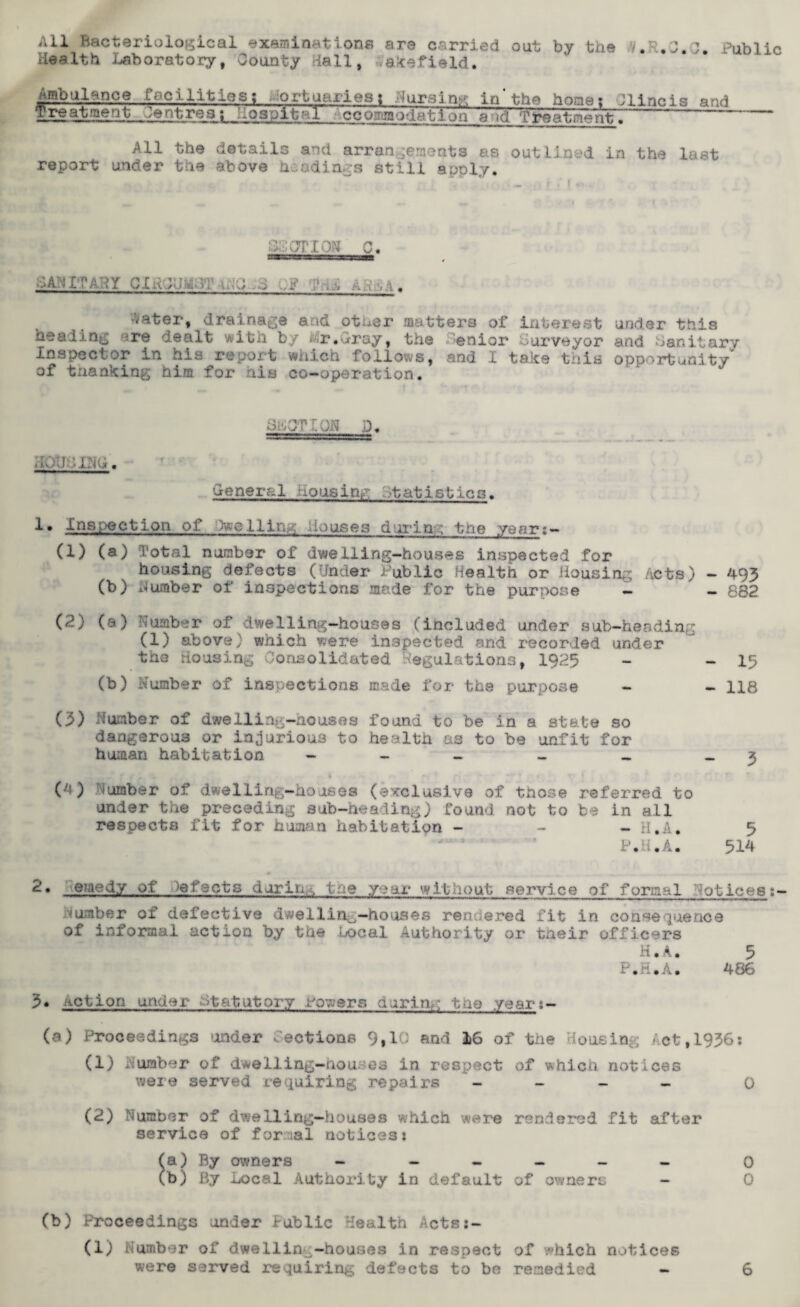Public All Bacteriological examinations are carried out by the y.K.C.Q. Health Laboratory, County Hall, ^akefield. jrab^nce. D el litlos;. Mortuaries; nursing in'the home: ;iincis and Treatment Centres; Hospital ccoyjaodation a od ^eatment^- All the details and arrangements as outlined in the last report under the above headings still apply. SCOTION C. ■>Ah IT A'?If Cl h.i. 0 ; ;f k , A. •vater, drainage and other matters of interest under this heal mg <re dealt wi th by * r.Gi'ay, the t enior Surveyor and Sanitary Inspector in his report which follows, and I take this opportunity’ of tnanking him for his co-operation. Sivjr'.jN j. HOIKING. ueneiT.l i.ousing -tatisties. I* Inspection of Swelling Houses during the year (1) (a) Total number of dwelling-houses inspected for housing defects (Under Public Health or Housing Acts) - 493 (b) Humber of inspections made for the purpose - - 882 (2) (a) Humber of dwelling-houses (included under sub-heading (1) above) which were inspected and recorded under the Housing Consolidated Regulations, 1925 - - 15 (b) Number of inspections made for the purpose - - 118 (3) Number of dwelling-houses found to be in a state so dangerous or injurious to health as to be 'unfit for human habitation - - - - _> ~ 3 . P r » a ,, * % >•> (A) Number of dwelling-houses (exclusive of those referred to under the preceding sub-heading) found not to be in all respects fit for human habitation - - - H.A. 5 P*H.A. 514 2. emedy of defects during the year without service of formal Notices iumber of defective dwelling-houses rendered fit in consequence of informal action by the Local Authority or tneir officers H.A. 5 P.H.A. 486 3. action under statutory Powders during the year (a) Proceedings under Lections 9,10 and 16 of the Housing Act,1936: (1) Number of dwelling-houses in respect of which notices were served requiring repairs - - - - 0 (2) Number of dwelling-houses which were rendered fit after service of formal notices; (a) By owners - - - - - - o (b) By Local Authority in default of owners - 0 (b) Proceedings under Public Health Acts:- (1) Number of dwelling-houses in respect of which notices