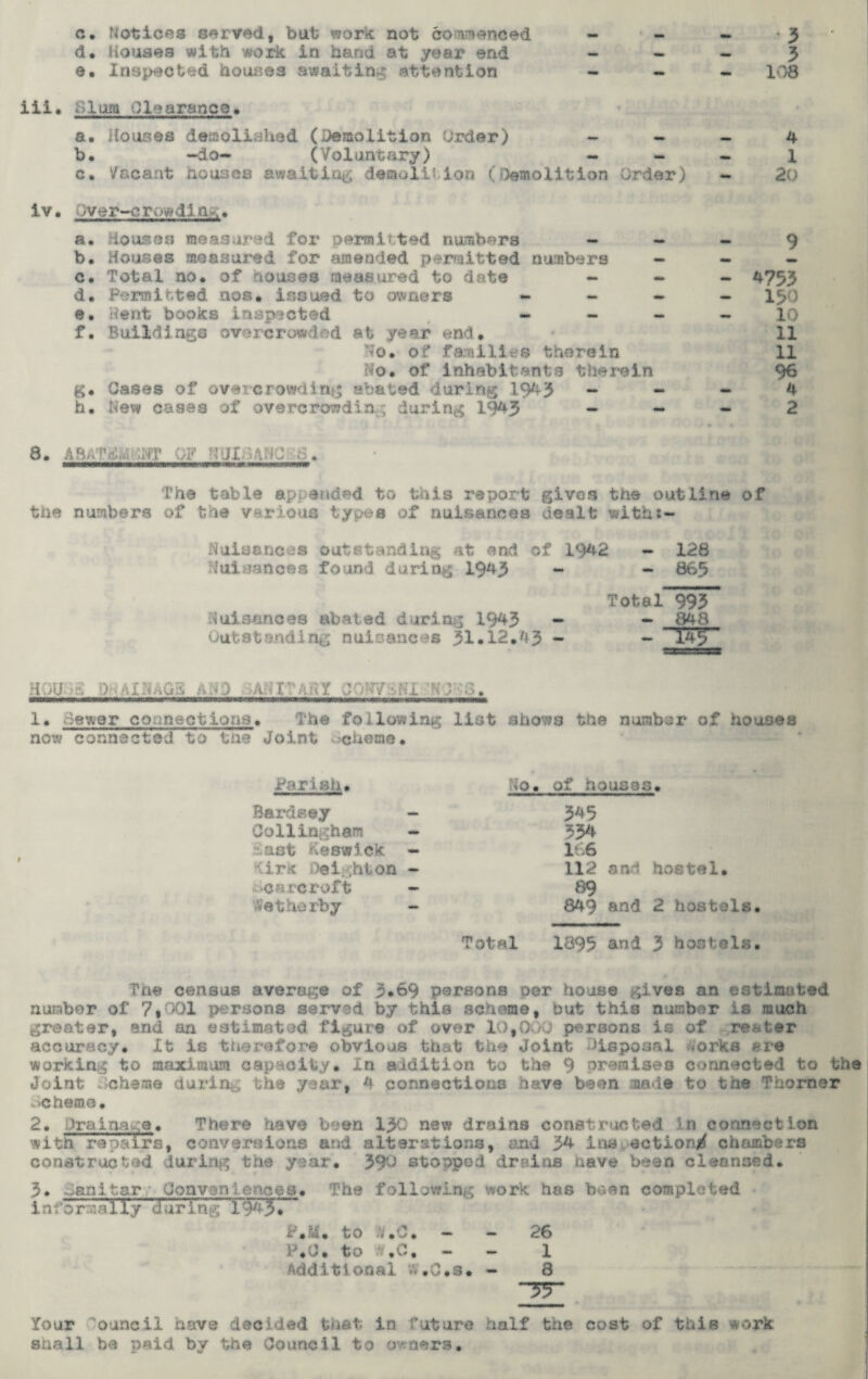 c. Notices served, bat wor* not commenced — - d • Houses with work, in hand at year end - - e. Inspected houses awaiting attention - - ill* Plum Clearance* a. Houses demolished (Demolition Order) - - b. -do- (Voluntary) - - c. Vacant nooses awaiting demolit ion (Demolition Order) iv. Over-crowdin iO.' a. Houses measured fox' permitted numbers - b. Houses measured for amended permitted numbers c. Total no* of houses measured to date - d* Permitted nos* issued to owners - - e* Hent books inspected - - f. Buildings overcrowded at year end* Vo* of families therein Mo* of Inhabitants therein g. Cases of overcrowding abated during 1943 - h* Hew cases of overcrowd!a:; during 1943 - • 3 3 108 4 1 20 9 4753 130 10 11 11 96 4 2 8. A8/;T;DT OP 11 . • The table appended to this report gives the outline of the numbers of the various types of nuisances dealt with*- Nuisances outstanding at end of 1942 - 128 Muisauces found during 1943 - - 863 Nuisances abated during 1943 - Outstanding nuisances 31*12*43 - Total 993 - 848 HOS-Hi D-AXMnGS 4.0 ■.A:iV'hii't JCW :,fU S. 1* Sewer connect;ions. The following list shows the number of houses now connected to the Joint scheme. # Parish. Bardaey - CollIngham - east Keswick - Kirk >ei hion - <ca rcroft •Sethorby ,o* of houses* Total 345 334 166 112 and hostel. 89 849 and 2 hostels. 1895 and 3 hoctois. The census average of 3*69 persons per house gives an estimated number of 7, X) 1 persons served by this scheme, but this number is much greater, end an estimated figure of over 10,(XX) persons is of re&ter accuracy. It is therefore obvious that the Joint Disposal Dorks ere working to maximum capacity. In addition to the 9 premises connected to the Joint Scheme during the year, 4 connections have been mode to the Thorner Scheme* 2, Drainage* There have been 130 new drains constructed in connection with! repairs, conversions and alterations, and 34 ins action^ chambers constructed during the year* 396 stopped drains nave been cleansed. 3. Danitar Conveniences* The following work has boan completed info really(fur ing 19^3 • P*M. to ,V.C. 26 P*0* to #,C, - - 1 Additional J*C*s* - 8 four oaneii nave decided that in future half the cost of this work snail be paid by the Council to owners.