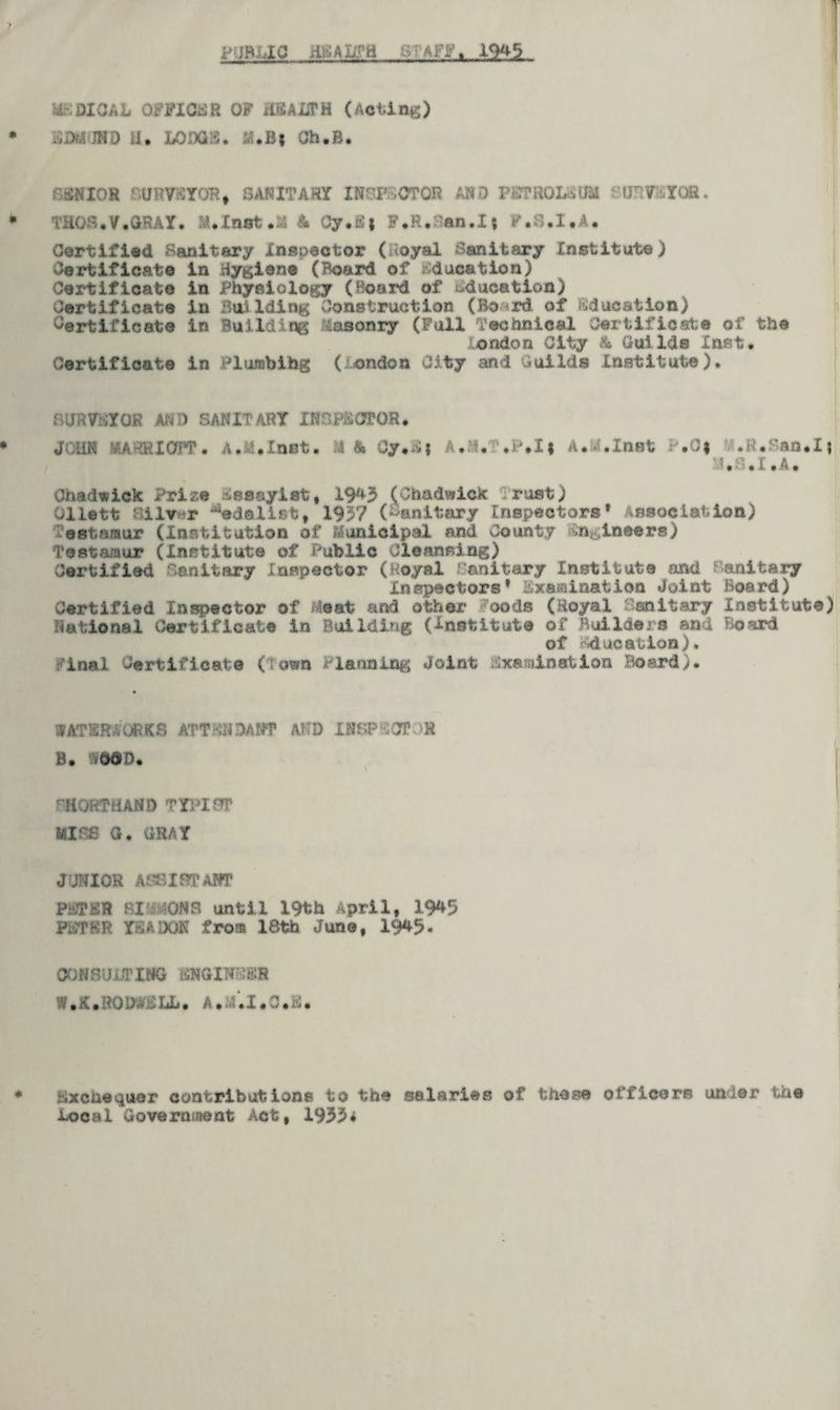 1 > PUBLIC HEALTH : 1A FF, J33&- MEDICAL OFFICER OF HEALTH (Acting) • &XJ JNO U. LODGE. 2/5.B| Oh.B. C.ENIOR PURVEYOR, SANITARY XNTF GOTOR AND PfcTPRQLiSUM PURVEYOR. * THGS.V.GRAY* M.Inat.a & Cy.Ei F.R.San.I$ F.3.I.A. Certified Sanitary Inspector (Uoyal Sanitary Institute) Certificate in Hygiene (Board of Education) Certificate in Physiology (Board of education) Certificate in Building Construction (Bo rd of education) Certificate in Building asonry (Full Technical Certificate of tb© London City & Guilds Inst# Certificate in Plumblbg (iondon City and Guilds Institute). SURVEYOR m ) SANITARY INSPECTOR* JOHN mmim. A.M.Inet. Cy.&| A.M..P.I| A.A.Inst P.0* .R.San.I; M.8.X.A. Chadwick Fri*c Essayist, 19^3 (Chadwick Trust) Gllett Silver ^edalist, 1957 (Sanitary Inspectors* Association) estamur (Institution of Municipal and County Engineers) Testamur (Institute of Public Cleansing) Certified Sanitary Inspector (Royal Sanitary Institute and Sanitary Inspectors* Exawination Joint Board) Certified Inspector of Meat and other cods (Royal Sanitary Institute) Rational Certificate in Building (Institute of Builders and Board of Education). inal Certificate (own Planning Joint Examination Board). WATSRAORKS ATTENDANT A*tD INSPECTOR B. $060* SHORTHAND TYPIST MISS G. GRAY JUNIOR ASSISTAIR P .TER SI ONS until 19th April, 1945 FETfSR tSAOCMf from 18th June, 19*5 « OONSUIfflNG RHGIMiiSR :7.K.ROWELL. A. .1.0. ♦ Exchequer contributions to the salaries of these officers under the Local Government Act, 1933*