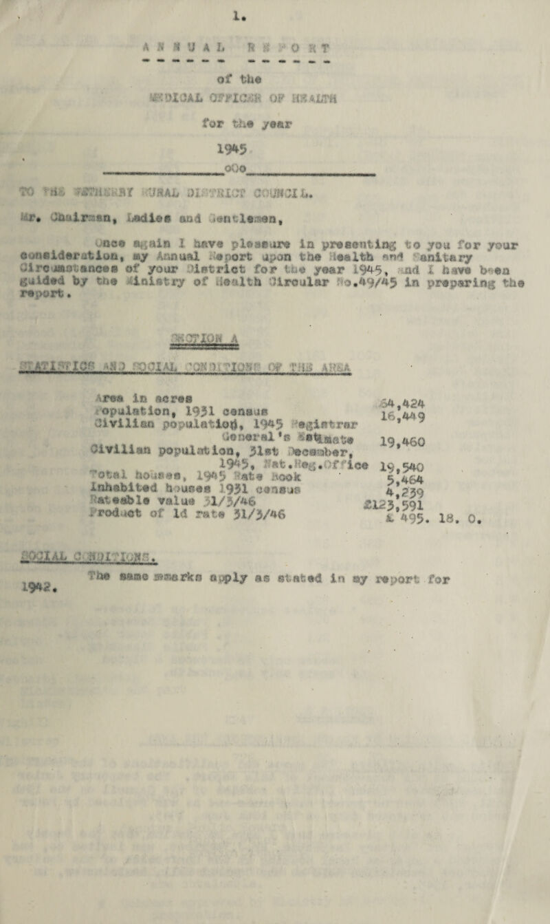 u u im ft ® r o nr of the SOIOAL Off tom OF HEALTH for the /ear 1945 0Q0 ?o **u wat.-jr • {jrax. d.l ouar &W3ib, r. Ibuirsn, badioa 1104 ientleaea, one® again i have pleasure in presenting to you for your ejneideration, *ay Annuel Report upon the Health aw* unitary (Ureuftotences of your StUtnit fo P > year 194$, Wt ! have h^en guided by the •iaietiy of health Olreolar 0.49/45 in preparing the report. H A /%*« Vf •> Mi* ■XAJL MW, M;v- tv r tg \ree in sores -4 opulatlon, 1951 census if*asa Civilian population, 1^5 ■‘egistrsr ’ General ♦» £sfeaat» 19 460 Civilian population, 51*t December, * 1945, .'vat • Hag .Of flee 19,540 Totel houses* 1945 Hate hook s 464 Inhabited houses 1951 census 4’?30 9atesbls value 31/5/46 2125*501 ; rodUet of Id rate 3i/}/46 £495 1B 0 fl ;/.;xal 0 paiviygn. 1942. Vue Base »«erkn apply as stated in ay report • for