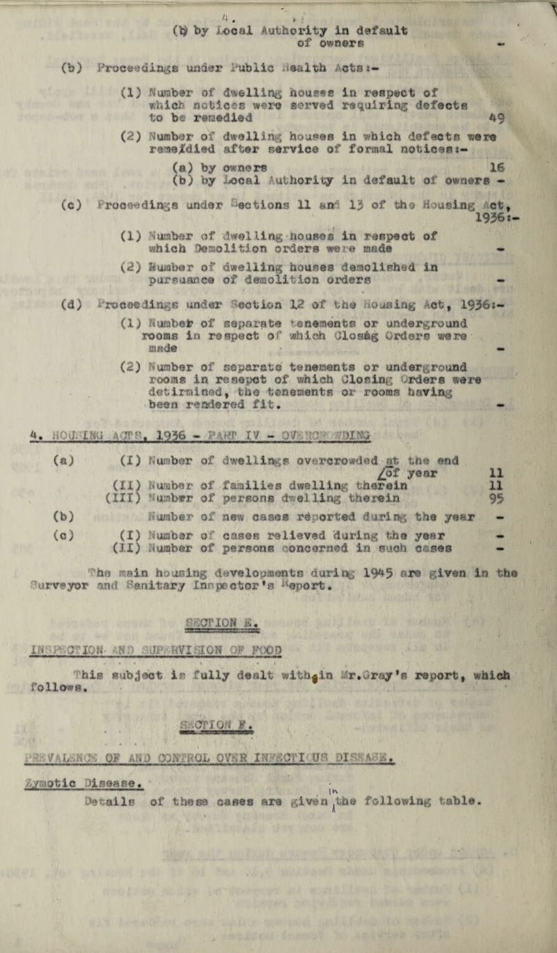 of owners i - (b) Proceeding© under Public health Acts*- (1) Number of dwelling houses in respect of which notices were served requiring defects to be remedied 49 (2) Number of dwelling houses in which defects were rams Id led after service of formal notices (a) by owners 16 (b) by Local Authority In default of owners - (c) rroceedinge under actions 11 »r 13 of the Housing ct, 1936:- (1) Somber of dwelling houses in respect of which r#©s*oliUon orders were made - (2) Humber of dwelling house© demolished in pursuance of demolition order© - (d) Proceeding© under action 12 of the iousing Act, 1936:- (1) Nuabefc of separate tenements or underground room© in respect o ' which Cloehg order© were made - (2) Number of separate tenements or underground rooms in resepot of which Jloria rders were detlrmihed, the tenements or rooms having been rendered fit. - ft». i- i-m s.,r;&f„,v> - M 2£H (a) (I) Number of dwellings overcrowded at tne end ^of year 11 (IX) Number of families dwelling therein 11 (III) Number of persons dwelling therein 93 (b) Number of new case© reported during the year - (c) (I) Number of cases relieved during the year - (II) Number of persons concerned in such cases - - , i . 'he as in housing development© during 19**5 ore given in the Surveyor end Sanitary Inspector*© Report. SOTION £• IH N ;riQN >-N > tip. HVI-ilON Or FU)f? • ' * . .' » his subject is fully dealt withjin r.dray *© report, which follows. .-■OTION P. i . , > of and ooN-moL ov;-:r x^errus pi- v'n. zymotic Disease. ---- . I* Details of these caees are given ^th© following table.