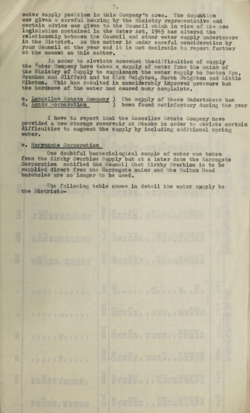 , » water supply position in this Company’s area. The depiction was given a careful hearin by the Ministry representative nnd certain advice was given to the Council which in view of the new legioletion contained in the Aster Act, 194 5 has altered the relationship between the Council and other water supply undertakers in the District. As the matter is under careful consideration by your Council at the year end it is riot desirable to report further at the moment on this matter. In order to aleviate somewhat thedilflenities of supply the “ater Company have taken a supply of water from the mains of the vinistry of Supply to supplement the water supply to Boston Spa, dramhaa and Clifford and to Kirk Leighton, North Deign ton and hit tie ibsfcon. This has resulted in considerably improved pressure but the hardness of the water has caused many complaints. C. Utscelles estate Company ) The supply of these Undertakers has d. Leeds Corporation ) been found satisfactory during the year X have to report that the Lascsllee state Company have provided a new storage reservoir at htanks in order to obviate certain difficulties to augment the supply by including additional spring water. »• :i«rrotyit.« Corporation One doubtful bacteriological sample of water was taken from the Kir iby Overblovi S upply but at a later date the Harrogate Corporation notified the Council that Klrkby Overblow is to be supplied direct from the ^arrogate mains and the alfcon Head boreholes are no longer to be used. j'he following table snows in detail the water ajioply to the Districts-