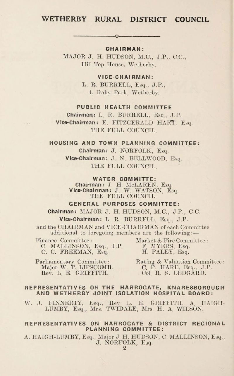 -o——-—-——— CHAIRMAN : MAJOR J. H. HUDSON, M.C., J.P., C.C., Hill Top House, Wetherby. VICE-CH AI RM AN : L. R. BURRELL, Esq., J.P., 4, Raby Park, Wetherby. PUBLIC HEALTH COMMITTEE Chairman: L. R. BURRELL, Esq., J.P. Vice-Chairman: E. FITZGERALD HART, Esq. THE FULL COUNCIL. HOUSING AND TOWN PLANNING COMMITTEE: Chairman: J. NORFOLK, Esq. Vice-Chairman: J. N. BELLWOOD, Esq. THE FULL COUNCIL. WATER COMM8TTE: Chairman: J. H. McLAREN, Esq. Vice-Chairman: J. W. WATSON, Esq. THE FULL COUNCIL. GENERAL PURPOSES COMMITTEE: Chairman: MAJOR J. H. HUDSON, M.C., J.P., C.C. Vice-Chairman: L. R. BURRELL, Esq., J.P. and the CHAIRMAN and VICE-CHAIRMAN of each Committee additional to foregoing members are the following— Finance Committee : Market & Fire Committee : C. MALLINSON, Esq., J.P F. MYERS, Esq. C. C. FREEMAN, Esq. H. PALEY, Esq. Parliamentary Committee: Major W. T. LIPSCOMB Rev. L. E. GRIFFITH. Rating & Valuation Committee: C P. HARE, Esq., J.P. Col. R. S. LEDGARD. REPRESENTATIVES ON THE HARROGATE, KNARESBGROUGH AND WETHERBY JOINT ISOLATION HOSPITAL BOARD: W. J. FINNERTY, Esq., Rev. L. E. GRIFFITH, A HAIGH- LUMBY, Esq., Mrs. TWIDALE, Mrs. H. A. WILSON. REPRESENTATIVES ON HARROGATE A DISTRICT REGIONAL PLANNING COMMITTEE: A. HAIGH-LUMBY, Esq., Major J. H. HUDSON, C. MALLINSON, Esq., J. NORFOLK, Esq.