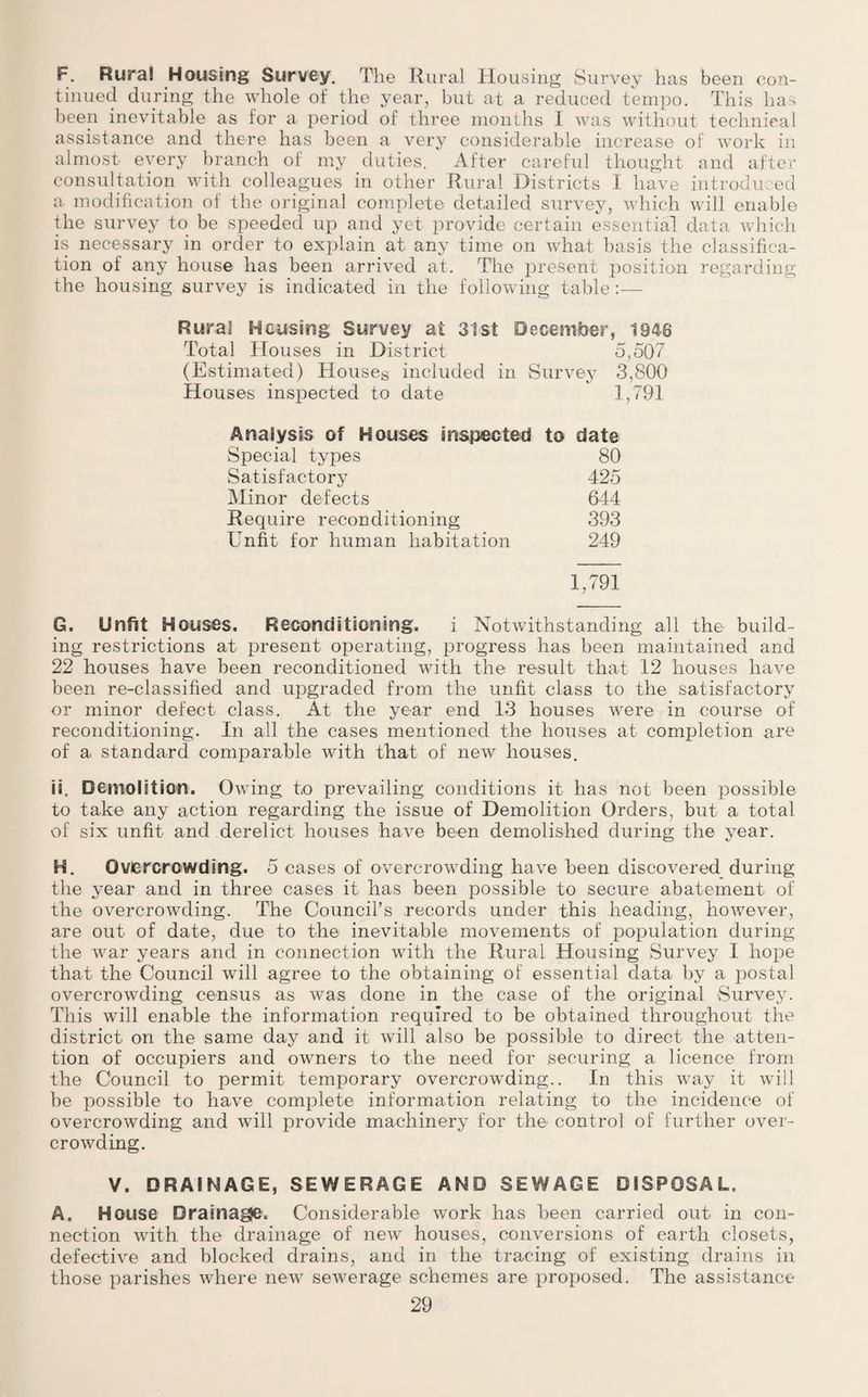 F. Rural Housing Survey. The Rural Housing Survey has been con¬ tinued during the whole of the year, but at a reduced tempo. This lias been inevitable as for a period of three months I was without technical assistance and there has been a very considerable increase of work in almost every branch of my duties. After careful thought and after consultation with colleagues in other Rural Districts I have introduced a modification of the original complete detailed survey, which will enable the survey to be speeded up and yet provide certain essential data which is necessary in order to explain at any time on what basis the classifica¬ tion of any house has been arrived at. The present position regarding the housing survey is indicated in the following table:— Rural Housing Survey at 31st December, 1946 Total Houses in District 5,507 (Estimated) Houses included in Survey 3,800 Houses inspected to date 1,791 Analysis of Houses inspected to date Special types 80 Satisfactory 425 Minor defects 644 Require reconditioning 393 Unfit for human habitation 249 1,791 G. Unfit Houses. Reconditioning. i Notwithstanding all the build¬ ing restrictions at present operating, progress has been maintained and 22 houses have been reconditioned with the result that 12 houses have been re-classified and upgraded from the unfit class to the satisfactory or minor defect class. At the year end 13 houses were in course of reconditioning. In all the cases mentioned the houses at completion are of a standard comparable with that of new houses. ii. Demolition. Owing to prevailing conditions it has not been possible to take any action regarding the issue of Demolition Orders, but a total of six unfit and derelict houses have been demolished during the year. H. Overcrowding. 5 cases of overcrowding have been discovered during the year and in three cases it has been possible to secure abatement of the overcrowding. The Council’s records under this heading, however, are out of date, due to the inevitable movements of population during the war years and in connection with the Rural Housing Survey I hope that the Council will agree to the obtaining of essential data by a postal overcrowding census as was done in the case of the original Survey. This will enable the information required to be obtained throughout the district on the same day and it will also be possible to direct the atten¬ tion of occupiers and owners to the need for securing a licence from the Council to permit temporary overcrowding.. In this way it will be possible to have complete information relating to the incidence of overcrowding and will provide machinery for the control of further over¬ crowding. V. DRAINAGE, SEWERAGE AND SEWAGE DISPOSAL, A. House Drainage. Considerable work has been carried out in con¬ nection with the drainage of new houses, conversions of earth closets, defective and blocked drains, and in the tracing of existing drains in those parishes where new sewerage schemes are proposed. The assistance