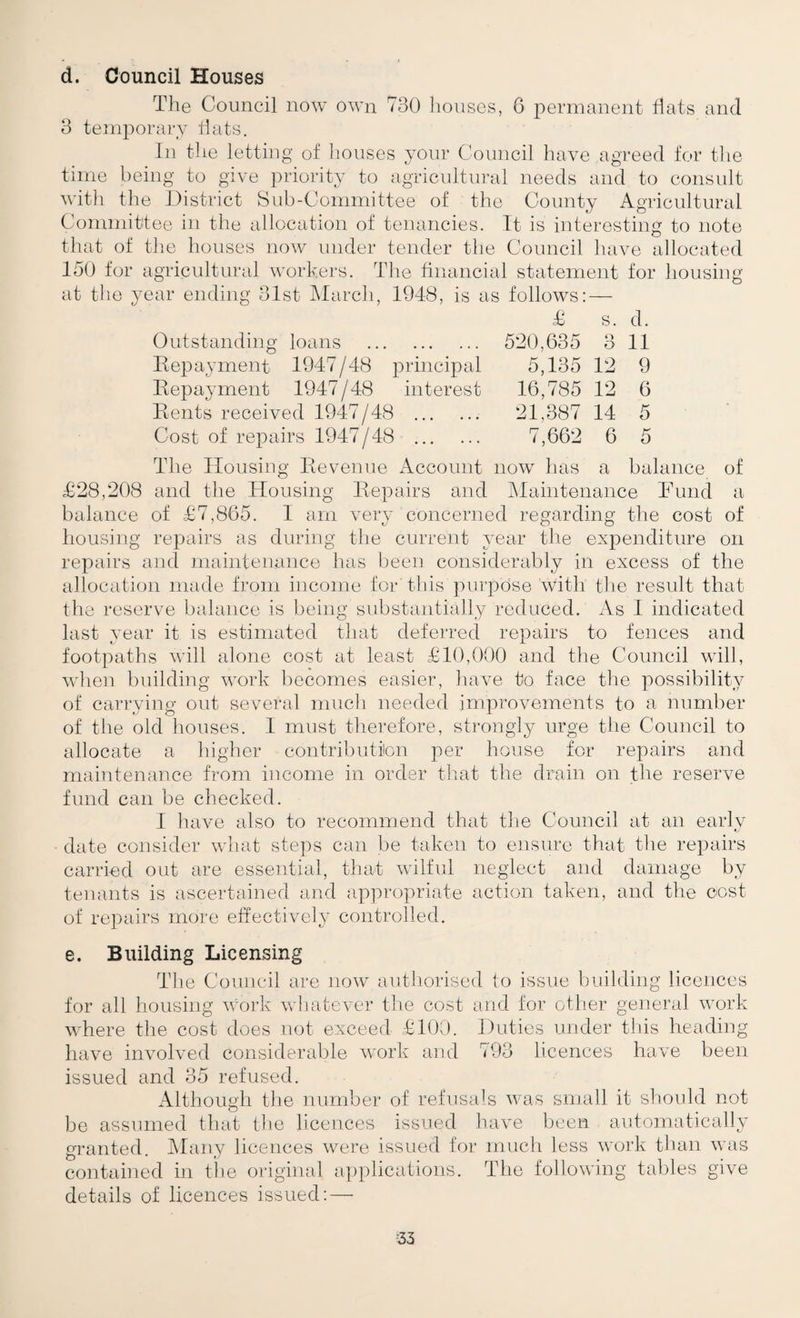 s. o O 12 12 14 6 520,635 5,135 16,785 21,387 7,662 6 5 now has a balance Maintenance F und d. 11 9 6 5 d. Council Houses The Council now own 730 houses, 6 permanent flats and 3 temporary flats. In tlie letting of houses your Council have agreed for tlie time being to give priority to agricnltnral needs and to consult witli the District Sub-Committee of the County Agricultural Committee in the allocation of tenancies. It is interesting to note that of the houses now under tender the Council have allocated 150 for agricultural workers. The financial statement for housing at tlie year ending 31st Marcli, 1948, is as follows: — T Outstanding loans . Eepayment 1947/48 j^rincipal Eepayment 1947/48 interest Pients received 1947 /48 .. Cost of repairs 1947/48 . The Housing Eevenue Account £28,208 and the Housing Eepairs and balance of £7,865. I am very concerned regarding the cost housing repairs as during the current year the expenditure repairs and maintenance has been considerably in excess of the allocation made from income for this purpose with the result that the reserve balance is being substantially reduced. x4s 1 indicated last year it is estimated that deferred repairs to fences and footpaths will alone cost at least £10,000 and the Council will, wlien building work becomes easier, have to face the possibility of carrying out several much needed improvements to a number of the old houses. I must tlierefore, strongly urge the Council to allocate a liigher contribution per house for repairs and maintenance from income in order tliat the drain on the reserve fund can be checked. 1 liave also to recommend that tlie Council at an early date consider what steps can be taken to ensure that tlie repairs carried out are essential, that wilful neglect and damage by tenants is ascertained and appi’opriate action taken, and the cost of repairs more effectively controlled. of a of on e. Building Licensing The Council are now authorised to issue building licences for all housing work whatever the cost and for other general work where the cost does not exceed £100. Duties under this heading have involved considerable work and 793 licences have been issued and 35 refused. x41though the number of refusals was small it should not be assumed that tlie licences issued have been automatically granted. Many licences were issued for much less work than was contained in tlie original applications. The following tables give details of licences issued: —