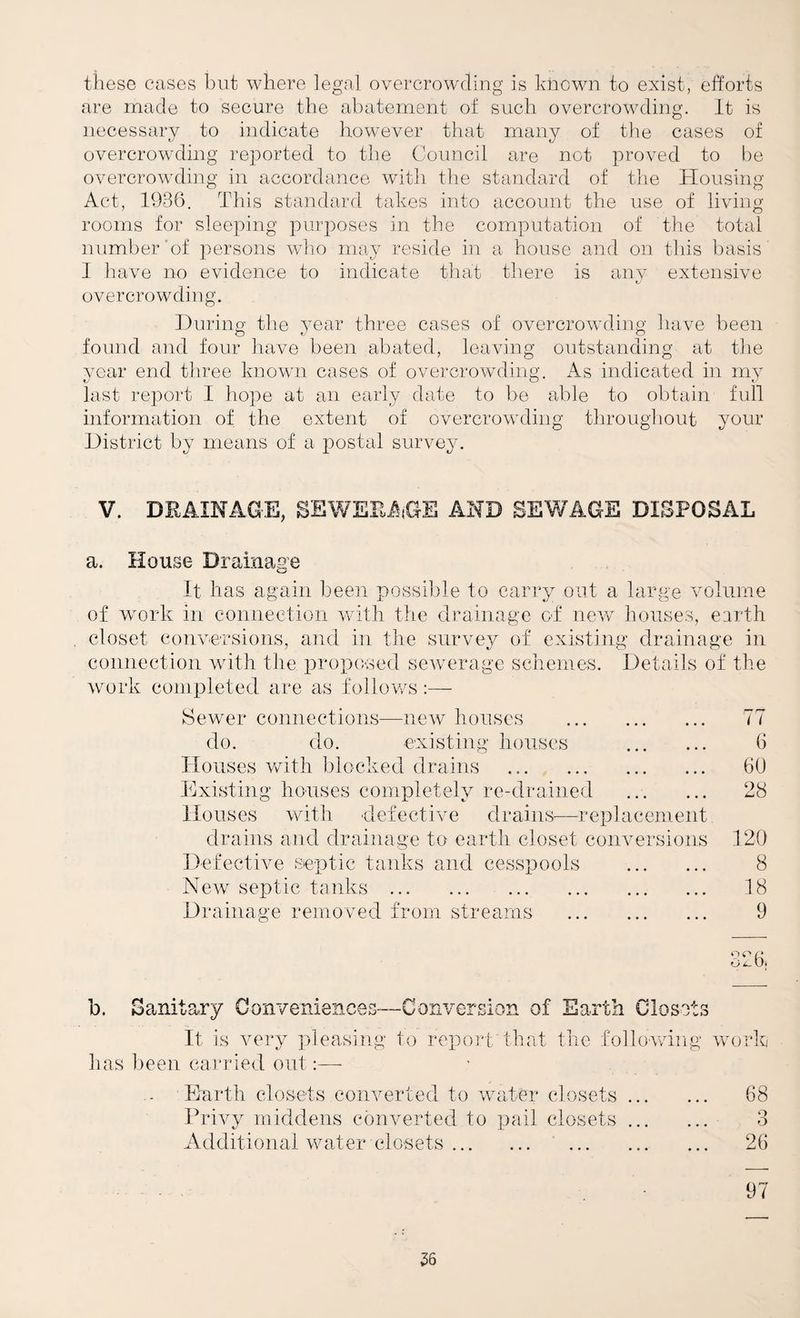 these cases but where legal overcrowding is known to exist, efforts are made to secure the abatement of such overcrowding. It is necessary to indicate however that many of the cases of overcrowding reported to the Council are not proved to l)e overcrowding in accordance with the standard of the Housing Act, 1936. This standard takes into account the use of living rooms for sleeping purposes in the computation of the total number'of persons wdio mav reside in a house and on this basis I have no evidence to indicate that there is any extensive overcrowding. During the year three cases of overcrowding have been found and four have beeii abated, leaving outstanding at the year end three known cases of overcrowding, iks indicated in my last report I hope at an early date to be able to obtain full information of the extent of overcrowding througliout your District by means of a postal survey. V. DRAINAGE, SEWERAiGE AND SE¥/AaE DISPOSAL a. Hou se Drainage It has again been possible to carry out a large volnine of work in connection W'^ith the drainage cd new houses, earth closet conversions, and in the survey of existing drainage in connection with the proposed sewerage schemes. Details of the wmrk completed are as follows:—• Sewer connections—new houses . 77 do. do. existing houses . 6 Houses veith blocked drains .. 60 Existing houses completely re-drained . 28 Houses with defective drains—replacement drains and drainage to earth closet conversions 120 Defective sieptic tanks and cesspools . 8 New septic tcsnks . . 18 Drainage removed from streams . 9 b. Sanitary Conveniences—Conversion of Earth Closets It is very pleasing to report'that the following vvork has been carried out:— Earth closets converted to water closets. 68 Privy middens converted to pail closets. 3 Additional water closets. 26 • 97