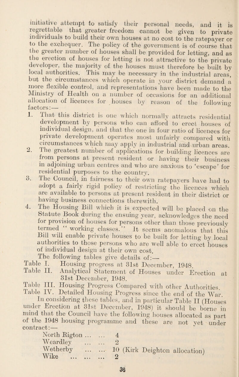 initiative attempt to satisfy their personal needs, and it is legrettable that greater freedom cannot be given to private individuals to build their own houses at no cost to the ratepayer or to the exchequer. The policy of the government is of course that the greater number of houses shall be provided for letting, and as the erection of houses for letting is not attractive to the private developer, the majority of the houses must therefore be built by local authorities. This may be necessary in the industrial areas, but the circumstances which operate in your district demand a more flexible control, and representations have been made to the Ministry of Health on a number of occasions for an additional allocation of licences for houses by reason of the following factors: — 3. 4. 1. 4hat this district is one which normally attracts residential development by persons who can afford to erect houses of individual design, and that the one in four ratio of licences for private development operates most unfairly compared with circumstances which may apply in industrial and urban areas. 2. The greatest number of applications for building licences are from persons at present resident or having their business in adjoining urban centres and who are anxious to ‘escape’ for residential purposes to the country. The Council, in fairness to their own ratepayers have had to adopt a fairly rigid policy of restricting the licences which aie available to persons at present resident in their district or having business connections therewith. The Housing Bill which it is expected will be placed on the Statute Book during the ensuing year, acknowledges the need foi piovision of houses for persons other than those previously termed “ working classes.” It seems anomalous that this Bill will enable private houses to be built for letting by local authorities to those persons who are well able to erect houses of individual design at their own cost. The following tables give details of: — Table I. Housing progress at 31st December, 1948. Table II. Analytical Statement of Houses under Erection at 31st December, 1948. Table III. Housing Progress Compared with other Authorities. Table IV. Detailed Housing Progress since the end of the War. In considering these tables, amd in particular Table II (Houses under Erection at 31st December, 1948) it should be borne in mind that the Council have the following houses allocated as part of the 1948 housing programme and these are not vet under contract: — North Rigton ... Weardley Wetherby Wike . 4 2 10 (Kirk Deighton allocation)