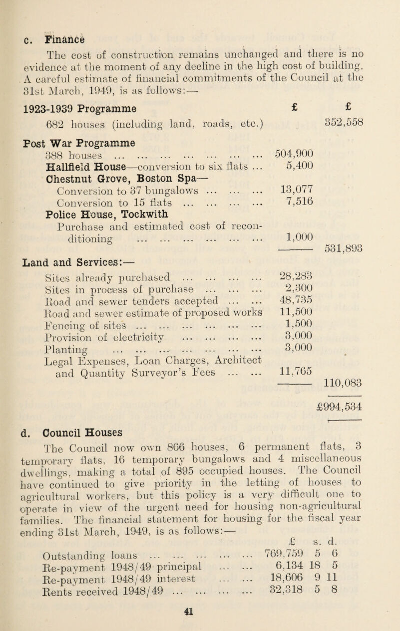 c. Finance The cost of construction remains unchanged and there is no evidence at the moment of any decline in the high cost of building. A careful estimate of financial commitments of the. Council at the hist March, 1949, is as follows: — 1923-1939 Programme £ £ 682 houses (including land, roads, etc.) 352,558 Post War Programme 388 houses . Hallfield House—conversion to six fiats ... Chestnut Grove, Boston Spa— Conversion to 37 bungalows . Conversion to 15 fiats . Police House, Tockwith Purchase and estimated cost of recon¬ ditioning . Land and Services:— Sites already purchased . Sites in process of purchase . Eoad and sewer tenders accepted . Road and sewer estimate of proposed works Fencing of sites . Provision of electricity . P lanting . Legal Expenses, Loan Charges, Architect and Quantity Surveyor’s Fees . 504,900 5,400 13,077 7,516 1,000 - 531,893 28,283 2,300 48,735 11,500 1,500 3,000 3,000 11,765 —- 110,083 £994,534 d. Council Houses The Council now own 866 houses, 6 permanent flats, 3 temporary flats, 16 temporary bungalows and 4 miscellaneous dwellings, making a total of 895 occupied houses. The Council have continued to give priority in the letting of houses to agricultural workers, but this policy is a very difficult one to operate in view of the urgent need for housing non-agricultural families. The financial statement for housing for the fiscal year ending 31st March, 1949, is as follows: — Outstanding loans . 769,759 Re-payment 1948/49 principal . 6,134 18 Re-payment 1948/49 interest . 18,606 9 11 s. 5 d. 6 5 Rents received 1948/49 32,318 5 8