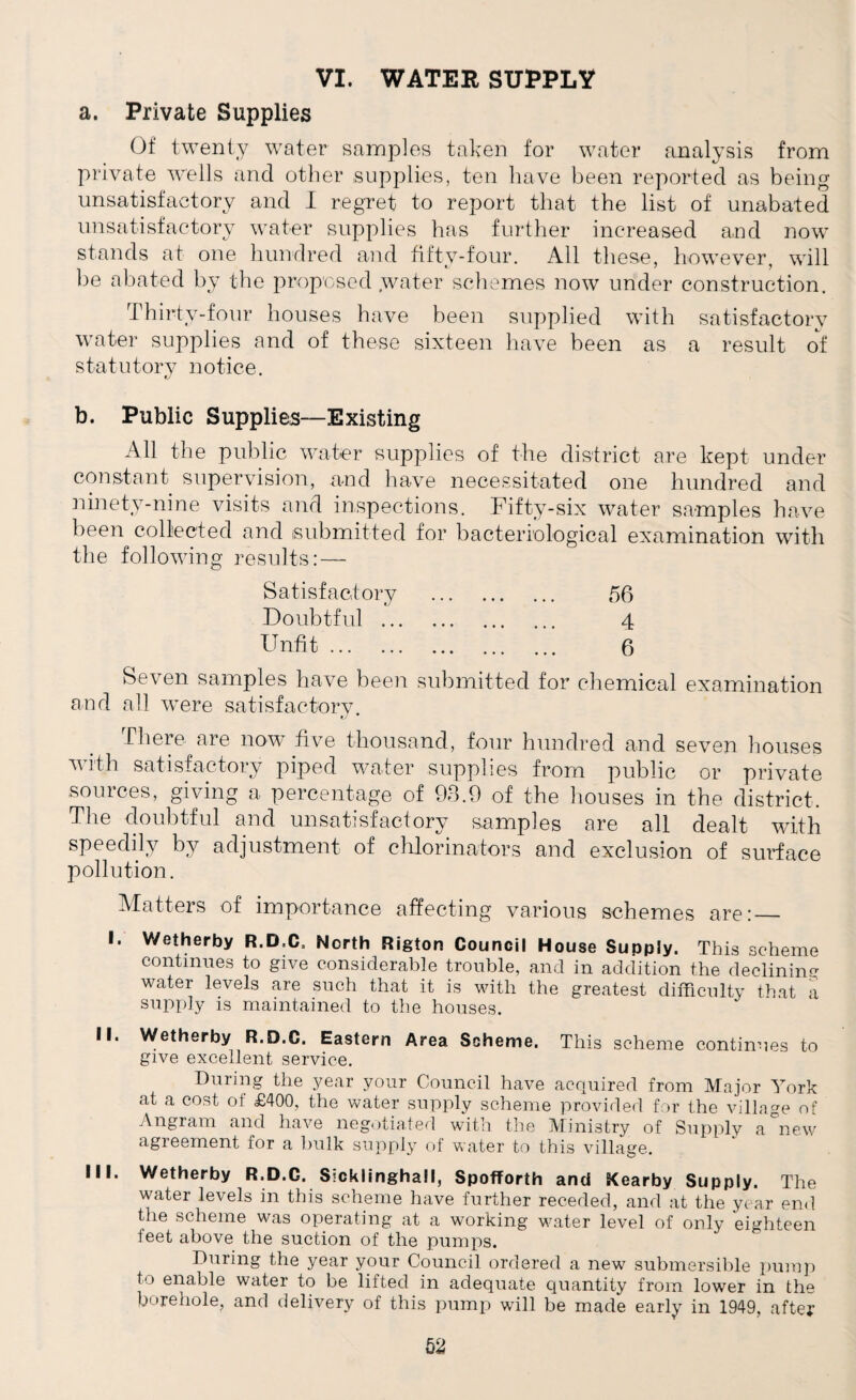 VI. WATER SUPPLY a. Private Supplies Of twenty water samples taken for water analysis from private wells and other supplies, ten have been reported as being unsatisfactory and I regret to report that the list of unabated unsatisfactory water supplies has further increased and now stands at one hundred and fifty-four. All these, however, will be abated by the proposed water schemes now under construction. Thirty-four houses have been supplied with satisfactory water supplies and of these sixteen have been as a result of statutory notice. b. Public Supplies—Existing All the public water supplies of the district are kept under constant supervision, and have necessitated one hundred and ninety-nine visits and inspections. Fifty-six water samples have been collected and submitted for bacteriological examination with the following results: — Satisfactory 56 4 6 Doubtful Unfit ... Seven samples have been submitted for chemical examination and all were satisfactory. ■There aie now five thousand, four hundred and seven houses with satisfactory piped water supplies from public or private sources, giving a percentage of 93.9 of the houses in the district. The doubtful and unsatisfactory samples are all dealt with speedily by adjustment of chlorinators and exclusion of surface pollution. Matters of importance affecting various schemes are:_ I. Wetherby R.D.C, North Rigton Council House Supply. This scheme continues to give considerable trouble, and in addition the declining water levels are such that it is with the greatest difficulty that a suPPly is maintained to the houses. II. Wetherby R.D.C. Eastern Area Scheme. This scheme continues to give excellent service. During the year your Council have acquired from Major York at a cost of £400, the water supply scheme provided for the village of Angram and have negotiated with the Ministry of Supply a'new agieement for a bulk supply of water to this village. III. Wetherby R.D.G. Sicklinghall, Spofforth and Kearby Supply. The water levels in this scheme have further receded, and at the year end the scheme was operating at a working water level of only eighteen feet above the suction of the pumps. During the year your Council ordered a new submersible pump to enable water to be lifted in adequate quantity from lower in the borehole, and delivery of this pump will be made early in 1949, after