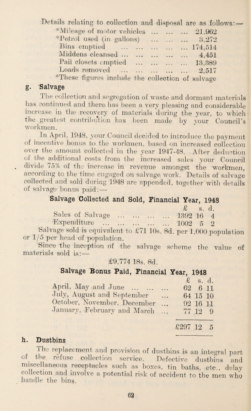 Details relating to collection and disposal are as follows: — ■♦Mileage of motor vehicles . 21,962 ♦Petrol used (in gallons) . 8,272 Bins emptied .174,514 Middens cleansed. 4,451 Pail closets emptied . 13,889 Loads removed . 2,517 'These figures include the collection of salvage g. Salvage The collection and segregation of waste and dormant materials has continued and there has been a very pleasing and considerable increase in the recovery of materials during the year, to which the greatest contribution has been made by your Council’s workmen. In April, 1948, your Council decided to introduce the payment of incentive bonus to the workmen, based on increased collection over the amount collected in the year 1947-48. After deduction of the additional costs from the increased sales your Council divide .75% of the' increase in revenue amongst tire workmen, according to the time engaged on salvage, work. Details of salvage collected and sold during 1948 are appended, together with details of salvage bonus paid: — Salvage Collected and Sold, Financial Year, 1948 £ s. d. Sales of Salvage . 1392 16 4 Expenditure . 1002 5 2 Salvage sold is equivalent to £71 10s. 8d. per 1,000 population or 1/5 per head of population. Since the inception of the salvage scheme the value of materials sold is: — £9,774 18s. 8d. Salvage Bonus Paid, Financial Year, 1948 April, May and June . July, August and September October, November, December January, February and March £ s. d. 62 6 11 64 15 10 92 16 11 77 12 9 £297 12 5 h. Dustbins The replacement and provision of dustbins is an integral part of. t}Te refuse collection service. Defective dustbins and miscellaneous receptacles such as boxes, tin baths, etc., delav collection and involve a potential risk of accident to the men who handle the bins. 63