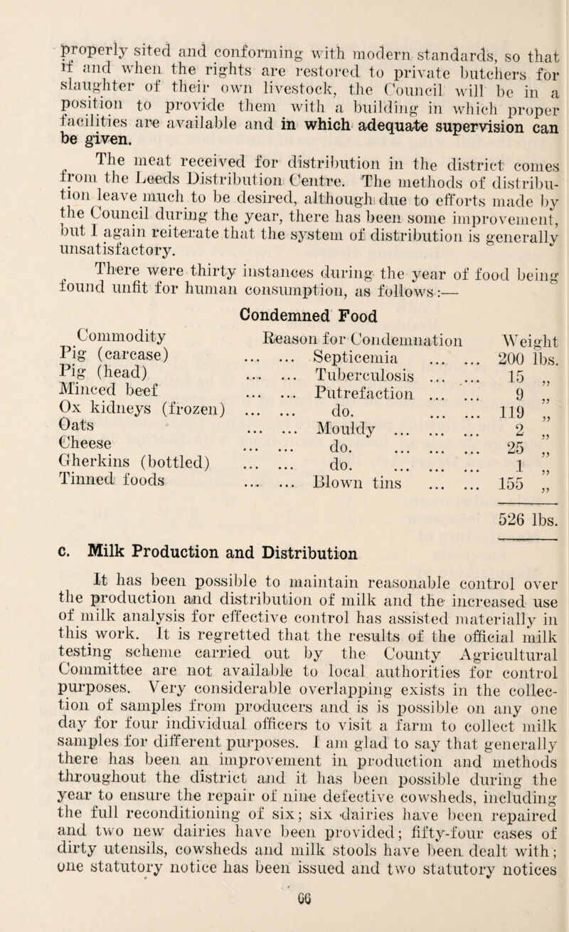 properly sited and conforming with modern standards, so that if and when the rights are restored to private butchers for slaughter of their own livestock, the Council will be in a position to provide them with a building in which proper facilities are available and in which adequate supervision can be given. The meat received for distribution in the district comes from the Leeds Distribution Centre. The methods of distribu¬ tion leave much to be desired, although due to efforts made by the Council during the year, there has been some improvement, out I again reiterate that the system of distribution is generally unsatisfactory. There were thirty instances during the year of food being found unfit for human consumption, as follows:_ Condemned Food Commodity Pig (carcase) Pig (head) Minced beef Ox kidneys (frozen) Oats Cheese Gherkins (bottled) Tinned foods Reason for Condemnation ... Septicemia ... Tuberculosis ... ... Putrefaction ... ... do. ... Mouldy . ... do. ... ... ... do. ... ... ... Blown tins Weight 00 lbs. O'i 15 9 119 2 )) 25 1 155 if >> >> 526 lbs. c. Milk Production and Distribution It has been possible to maintain reasonable control over the production and distribution of milk and the increased use of milk analysis for effective control has assisted materially in this work. It is regretted that the results of the official milk testing scheme carried out by the County Agricultural Committee are not available to local authorities for control purposes. Very considerable overlapping exists in the collec¬ tion of samples from producers and is is possible on any one day for four individual officers to visit a farm to collect milk samples for different purposes. I am glad to say that generally there has been an improvement in production and methods throughout the district and it has been possible during the year to ensure the repair of nine defective cowsheds, including the full reconditioning of six; six dairies have been repaired and two new dairies have been provided; fifty-four cases of dirty utensils, cowsheds and milk stools have been dealt with ; one statutory notice has been issued and two statutory notices OG