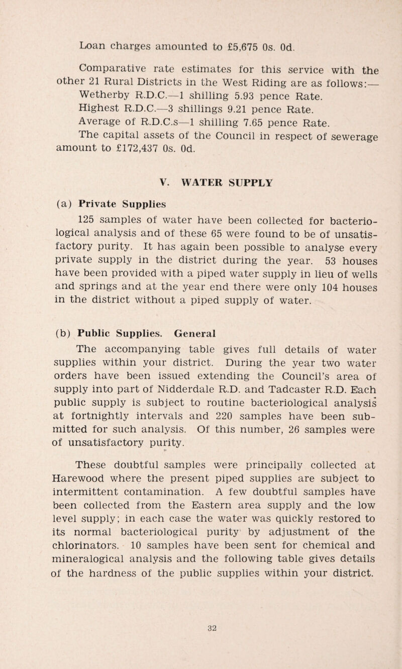 Loan charges amounted to £5,675 Os. Od. Comparative rate estimates for this service with the other 21 Rural Districts in the West Riding are as follows:— Wetherby R.D.C.—1 shilling 5.93 pence Rate. Highest R.D.C.—3 shillings 9.21 pence Rate. Average of R.D.C.s—1 shilling 7.65 pence Rate. The capital assets of the Council in respect of sewerage amount to £172,437 Os. Od. V. WATER SUPPLY (a) Private Supplies 125 samples of water have been collected for bacterio¬ logical analysis and of these 65 were found to be of unsatis¬ factory purity. It has again been possible to analyse every private supply in the district during the year. 53 houses have been provided with a piped water supply in lieu of wells and springs and at the year end there were only 104 houses in the district without a piped supply of water. (b) Public Supplies. General The accompanying table gives full details of water supplies within your district. During the year two water orders have been issued extending the Council’s area of supply into part of Nidderdale R.D. and Tadcaster R.D. Each public supply is subject to routine bacteriological analysis at fortnightly intervals and 220 samples have been sub¬ mitted for such analysis. Of this number, 26 samples were of unsatisfactory purity. S'- These doubtful samples were principally collected at Harewood where the present piped supplies are subject to intermittent contamination. A few doubtful samples have been collected from the Eastern area supply and the low level supply; in each case the water was quickly restored to its normal bacteriological purity by adjustment of the chlorinators. 10 samples have been sent for chemical and mineralogical analysis and the following table gives details of the hardness of the public supplies within your district.