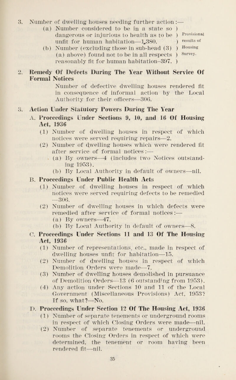 H. Number of dwelling houses needing further action :— (a) Number considered to be in a state so ) dangerous or injurious to health as to be ) Provisional unfit for human habitation—1^380. ) respite of (b) Number (excluding those in sub-head (3) ) Housing (a) above) found not to be in all respects ) Purvey, reasonably ht for human habitation-397. ) 2. Remedy Of Defects During The Year Without Service Of Formal Notices Number of defective dw^elling houses rendered fit in consequence of informal action by the Local Authority for their officers—306. 3. Action Under Statutory Powers During The Year A. Proceedings Under Sections 9, 10, and 16 Of Housing Act, 1936 (1) Number of dwelling houses in respect of which notices were served requiring repairs—2. (2) Number of dwelling houses which were rendered fit after service of formal notices :■—■ . (a) By owners—-4 (includes two Notices outstand¬ ing 1953). (b) By Local Authority in default of owners—nil. B. Proceedings Under Public Health Acts (1) Number of dwelling houses in respect of which notices were served requiring defects to be remedied —306. (2) Number of dwelling houses in which defects were remedied after service of formal notices:— (a) By owmers—47. (b) By Local Authority in default of owmers—8. 0. Proceedings Under Sections 11 and 13 Of The Housing Act, 1936 (1) Number of representations, etc., made in respect of dwelling houses unfit for habitation—15. (2) Number of dwelling houses in respect of which Demolition Orders were made—7. (3) Number of dwelling houses demolished in pursuance of Demolition Orders—13 (6 outstanding from 1953). (4) Any action under Sections 10 and 11 of the Local Government (Miscellaneous Provisions) Act, 1953? If so, what?—No. D. Proceedings Under Section 12 Of The Housing Act, 1936 (1) Number of separate tenements or underground rooms in respect of which Closing Orders were made—nil. (2) Number of separate tenements or underground rooms the Closing Orders in respect of which were determined, the tenement or room having been rendered fit—nil.