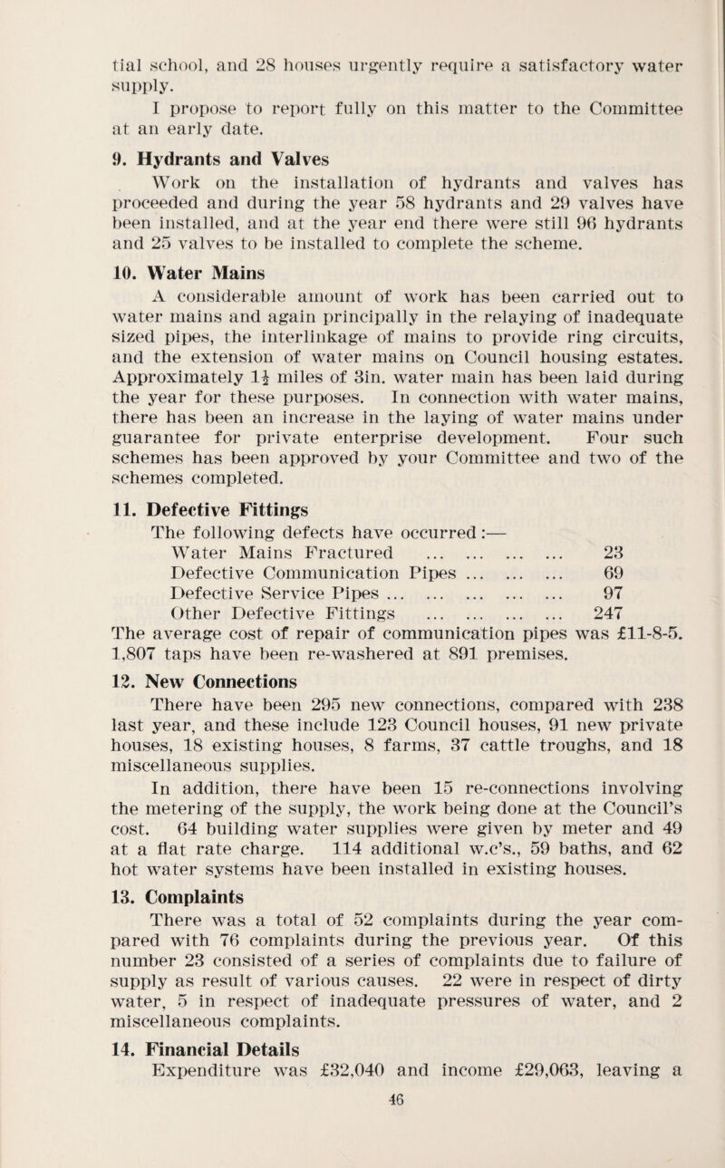 tial school, and 28 houses urgently require a satisfactory water supply. I propose to report fully on this matter to the Committee at an early date. 9. Hydrants and Valves Work on the installation of hydrants and valves has proceeded and during the year 58 hydrants and 29 valves have been installed, and at the year end there were still 96 hydrants and 25 valves to he installed to complete the scheme. 10. Water Mains A considerable amount of work has been carried out to water mains and again principally in the relaying of inadequate sized pipes, the interlinkage of mains to provide ring circuits, and the extension of water mains on Council housing estates. Approximately miles of Sin. water main has been laid during the year for these purposes. In connection with water mains, there has been an increase in the laying of water mains under guarantee for private enterprise development. Four such schemes has been approved by your Committee and two of the schemes completed. 11. Defective Fittings The following defects have occurred:— Water Mains Fractured . 23 Defective Communication Pipes. 69 Defective Service Pipes. 97 Other Defective Fittings . 247 The average cost of repair of communication pipes was £11-8-5. 1,807 taps have been re-washered at 891 premises. 12. New Connections There have been 295 new connections, compared with 238 last year, and these include 123 Council houses, 91 new private houses, 18 existing houses, 8 farms, 37 cattle troughs, and 18 miscellaneous supplies. In addition, there have been 15 re-connections involving the metering of the supply, the work being done at the CounciPs cost. 64 building water supplies were given by meter and 49 at a flat rate charge. 114 additional w.c’s., 59 baths, and 62 hot water systems have been installed in existing houses. 13. Complaints There was a total of 52 complaints during the year com¬ pared with 76 complaints during the previous year. Of this number 23 consisted of a series of complaints due to failure of supply as result of various causes. 22 were in respect of dirty water, 5 in respect of inadequate pressures of water, and 2 miscellaneous complaints. 14. Financial Details Expenditure was £32,040 and income £29,063, leaving a