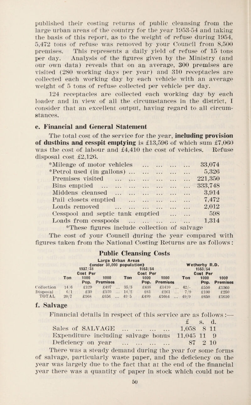 publislied tlieir costing returns of public cleansing from the large urban areas of the country for the year 11)53-54 and taking the basis of this report, as to the weight of refuse during 1954, 5,472 tons of refuse was removed by your Council from 8,500 premises. This represents a daily yield of refuse of 15 tons per day. Analysis of the figures given by the Ministry (and our own data) reveals that on an average, 300 premises are visited (280 working days iier year) and 310 receptacles are collected each working day by each vehicle with an average weight of 5 tons of refuse collected per vehicle per day. 124 receptacles are collected each working day by each loader and in view of all the circumstances in the district, I consider that an excellent output, having regard to all circum¬ stances. e. Financial and General Statement The total cost of the service for the year, including provision of dustbins and cesspit emptying is £13,596 of which sum £7,060 was the cost of labour and £4,410 the cost of vehicles. Refuse disposal cost £2,126. Mileage of motor vehicles . . 33,074 Petrol used (in gallons). . 5,326 Premises visited ... ,. . 221,350 Bins emptied . . 333,748 Middens cleansed . . 3,914 Pail closets emptied . . 7,472 Loads removed . . 2,012 Cesspool and septic tank emptied . 598 Loads from cesspools . . 1,314 *These figures include collection of salvage The cost of your Council during the year compared with figures taken from the National Costing Returns are as follows: Public Cleansing Costs Large Urban Areas (under 30,000 population) Wetherby R.D. 1937/38 1953/54 1953/54 Cost Per Cost Per Cost Per Ton 1000 1000 Ton 1000 1000 Ton 1000 1000 Pop. Premises Pop. Premises Pop. Premises (’ollectio.n 14/6 £129 £497 .. . 35/3 £438 £.1410 ... . 42/- £550 £1300 Disiposal 6/1 £30 £159 .. . 14/2 £61 £261 ... 7/9 £100 £260 TOTAL 20/7 £108 £656 ... 49'5 £4!)9 £1664 ... 49/9 £650 £1610 f. Salvage Financial details in respect of this service are as follows £ s. d. Sales of SALVAGE . 1,058 8 11 Expenditure including salvage bonus 11,045 11 9 Deficiency on year . 87 2 10 There was a steady demand during the year for some forms of salvage, particularly waste paper, and the deficiency on the year was largely due to the fact that at the end of the financial year there was a quantity of paper in stock which could not be