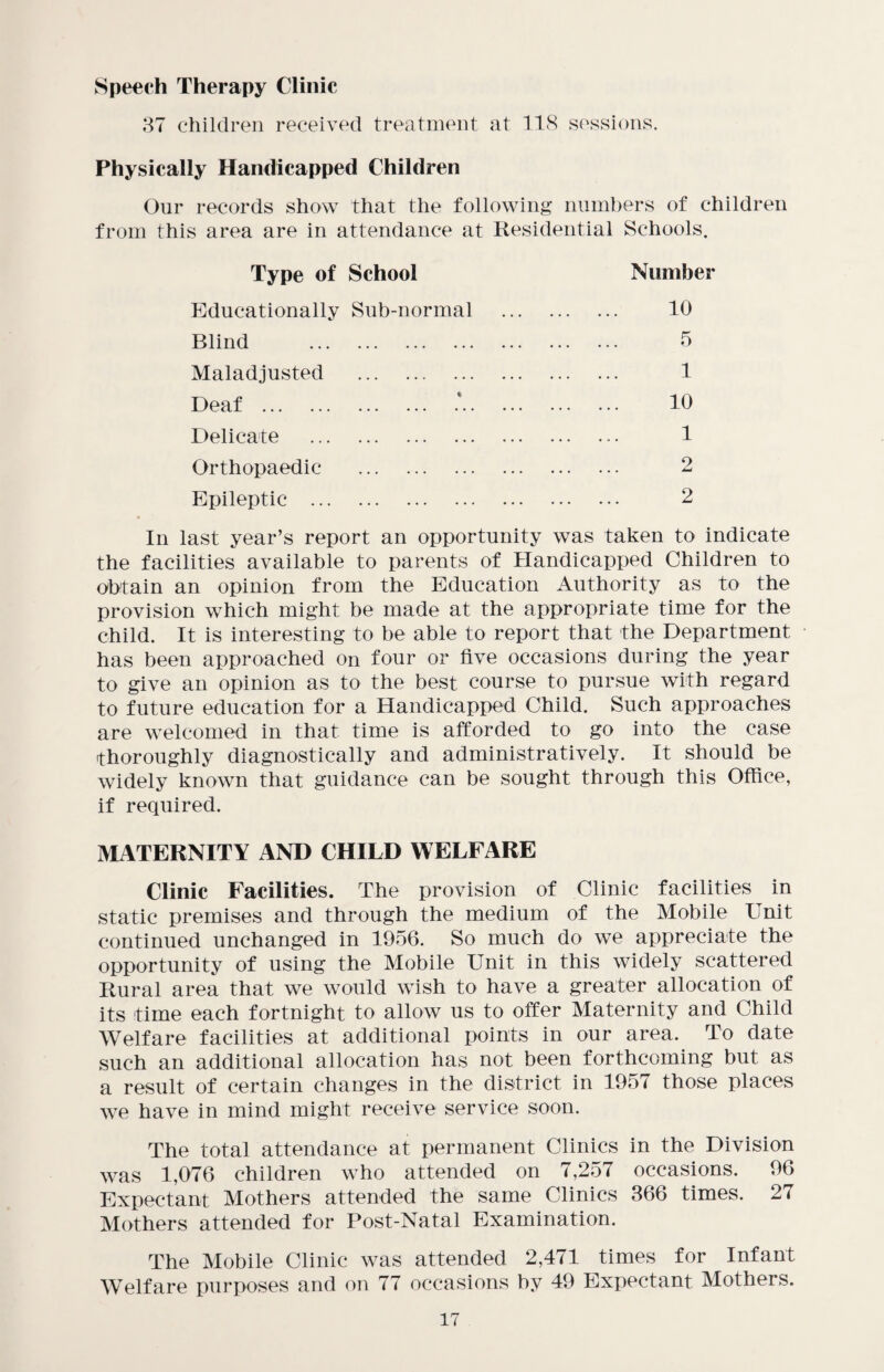 Speech Therapy Clinic 37 children received treatment at 118 sessions. Physically Handicapped Children Our records show that the following numbers of children from this area are in attendance at Residential Schools. Type of School Number Educationally Sub-normal . 10 Blind . . 5 Maladjusted . . 1 Deaf . . 10 Delicate . ... ... 1 Orthopaedic . . 2 Epileptic . . 2 In last year’s report an opportunity was taken to indicate the facilities available to parents of Handicapped Children to obtain an opinion from the Education Authority as to the provision which might be made at the appropriate time for the child. It is interesting to be able to report that the Department has been approached on four or five occasions during the year to give an opinion as to the best course to pursue with regard to future education for a Handicapped Child. Such approaches are welcomed in that time is afforded to go into the case thoroughly diagnostically and administratively. It should be widely known that guidance can be sought through this Office, if required. MATERNITY AND CHILD WELFARE Clinic Facilities. The provision of Clinic facilities in static premises and through the medium of the Mobile Unit continued unchanged in 1956. So much do we appreciate the opportunity of using the Mobile Unit in this widely scattered Rural area that we would wish to have a greater allocation of its time each fortnight to allow us to offer Maternity and Child Welfare facilities at additional points in our area. To date such an additional allocation has not been forthcoming but as a result of certain changes in the district in 1957 those places we have in mind might receive service soon. The total attendance at permanent Clinics in the Division was 1,076 children who attended on 7,257 occasions. 96 Expectant Mothers attended the same Clinics 366 times. 27 Mothers attended for Post-Natal Examination. The Mobile Clinic was attended 2,471 times for Infant Welfare purposes and on 77 occasions by 49 Expectant Mothers.