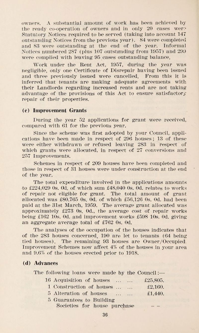 owners. A substantial amount of work has been achieved by the ready co-operation of owners and in only 20 cases were* Statutory Notices required to be served (taking into account 147 outstanding Notices from the previous year). 84 were completed and 83 were outstanding at the end of the year. Informal Notices numbered 287 (plus 107 outstanding from 1957) and 299 were complied with leaving 95 cases outstanding balance. Work under the Rent Act, 1957, during the year was negligible, only one Certificate of Disrepair having been issued and three previously issued were cancelled. From this it is inferred that tenants are making adequate agreements with their Landlords regarding increased rents and are not taking advantage of the provisions of this Act to ensure satisfactory repair of their properties. (c) Improvement Grants During the year 52 applications for grant were received, compared with 61 for the previous year. Since the scheme was first adopted by your Council, appli¬ cations have been made in respect of 296 houses; 13 of these were either withdrawn or refused leaving 283 in respect of which grants were allocated, in respect of 27 conversions and 257 I m pr ovements. Schemes in respect of 209 houses have been completed and those in respect of 31 houses were under construction at the end of the year. The total expenditure involved in the applications amounts to £224,029 Os. Old. of which sum £48,040 0s. Od. relates to works of repair not eligible for grant. The total amount of grant allocated was £80,765 0s. Od. of which £56,126 0s. Od. had been paid at the 31st March, 1959. The average grant allocated was approximately £273 0s. 0d., the average cost of repair works being £162 10s. Od. and improvement works £598 10s. Od. giving an aggregate average total of £762 0s. Od. The analyses of the occupation of the houses indicates that of the 283 houses concerned, 190 are let to tenants (64 being tied houses). The remaining 93 houses are Owner/Occupied. Improvement Schemes now affect 4% of the houses in your area and 9.6% of the houses erected prior to 1918. (d) Advances The following loans were made by the Council:— 16 Acquisition of houses . £25,805. 1 Construction of houses. £2,160. 5 Alteration of houses . £1,440. 5 Guarantees to Building Societies for house purchase -