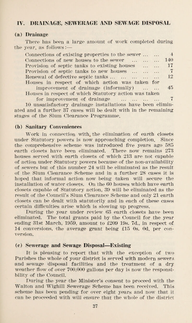IV. DRAINAGE, SEWERAGE AND SEWAGE DISPOSAL (a) Drainage There has been a large amount of work completed during the year, as follows :— Connections of existing properties to the sewer. 4 Connections of new houses to the sewer . 140 Provision of septic tanks to existing houses . 17 Provision of septic tanks to new houses . 7 Renewal of defective septic tanks. 12 Houses in respect of which action was taken for improvement of drainage (informally) . 45 Houses in respect of which Statutory action was taken for improvement of drainage . 7 10 unsatisfactory drainage installations have been elimin¬ ated and a further 37 cases will be dealt with in the remaining stages of the Slum Clearance Programme. (b) Sanitary Conveniences Work in connection with, the elimination of earth closets under Statutory powers is now approaching completion. Since the comprehensive scheme was introduced five years ago 585 earth closets have been eliminated. There now remains 273 houses served with earth closets of which 213 are not capable of action under Statutory powers because of the non-availaibility of sewers but of this number 24 will be eliminated as the result of the Slum Clearance Scheme and in a further 28 cases it is hoped that informal action now being taken will secure the installation of water closets. On the 60 houses which have earth closets capable of Statutory action, 39 will be eliminated as the result of the Council’s Slum Clearance Scheme and only 21 earth closets can be dealt with statutorily and in each of these cases certain difficulties arise which is slowing up progress. During the year under review 63 earth closets have been eliminated. The total grants paid by the Council for the year ending 31st March, 1959, amount to £209 19s. 7d., in respect of 14 conversions, the average grant being £15 Os. Od. per con¬ version. (c) Sewerage and Sewage Disposal—Existing It is pleasing to report that with the exception of two Parishes the whole of your district is served with modern sewers and sewage disposal facilities and the treatment of a dry weather flow of over 700,000 gallons per day is now the responsi¬ bility of the Council. During the year the Minister’s consent to proceed with the Walton and Wighill Sewerage Scheme has been received. This scheme has been pending for over eight years and now that it can be proceeded with will ensure that the whole of the district