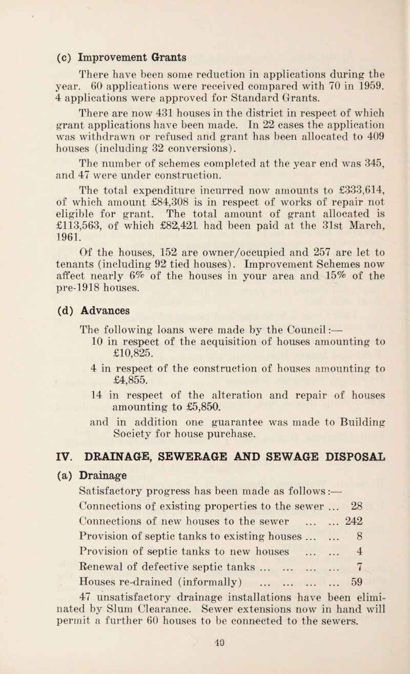 (c) Improvement Grants There have been some reduction in applications during the year. 60 applications were received compared with 70 in 1959. 4 applications were approved for Standard Grants. There are now 431 houses in the district in respect of which grant applications have been made. In 22 cases the application was withdrawn or refused and grant has been allocated to 409 houses (including 32 conversions). The number of schemes completed at the year end was 345, and 47 were under construction. The total expenditure incurred now amounts to £333,614, of which amount £84,308 is in respect of works of repair not eligible for grant. The total amount of grant allocated is £113,563, of which £82,421 had been paid at the 31st Miarch, 1961. Of the houses, 152 are owner/occupied and 257 are let to tenants (including 92 tied houses). Improvement Schemes now affect nearly 6% of the houses in your area and 15% of the pre-1918 houses. (d) Advances The following loans were made by the Council:— 10 in respect of the acquisition of houses amounting to £10,825. 4 in respect of the construction of houses amounting to £4,855. 14 in respect of the alteration and repair of houses amounting to £5,850. and in addition one guarantee was made to Building Society for house purchase. IV. DRAINAGE, SEWERAGE AND SEWAGE DISPOSAL (a) Drainage Satisfactory progress has been made as follows :— Connections of existing properties to the sewer ... 28 Connections of new houses to the sewer .242 Provision of septic tanks to existing houses. 8 Provision of septic tanks to new houses . 4 Renewal of defective septic tanks. 7 Houses re-drained (informally) . 59 47 unsatisfactory drainage installations have been elimi¬ nated by Slum Clearance. Sewer extensions now in hand will permit a further 60 houses to be connected to the sewers. 10
