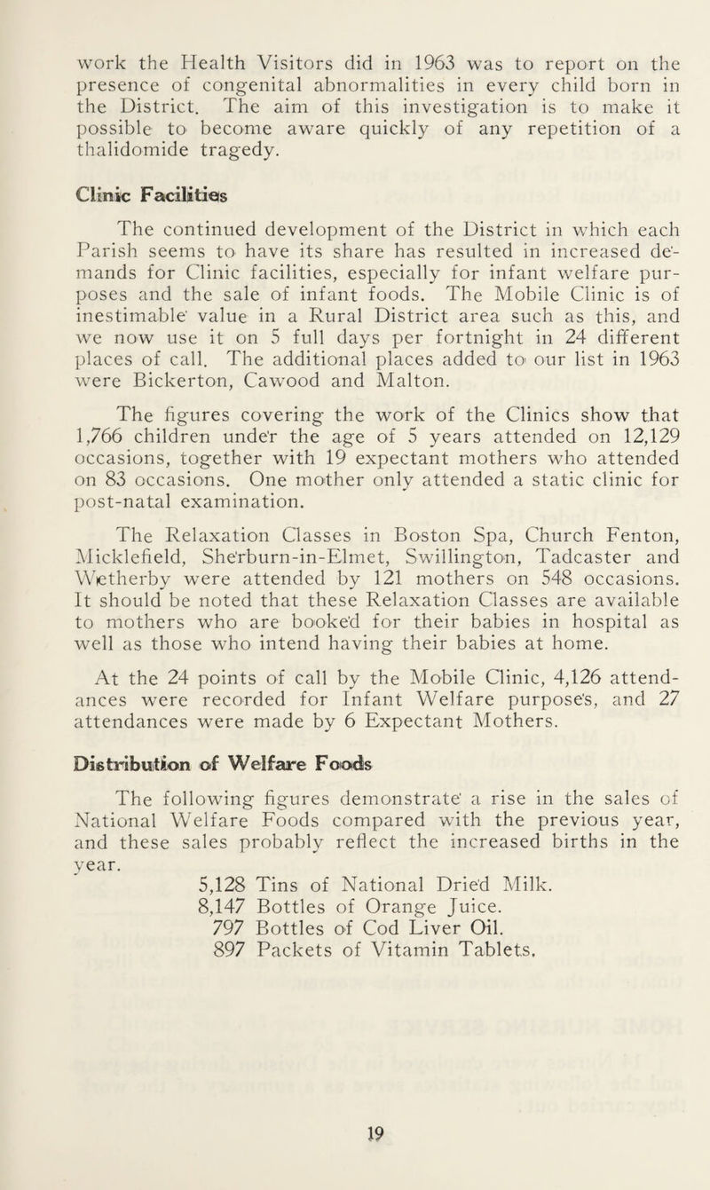 work the Health Visitors did in 1963 was to report on the presence of congenital abnormalities in every child born in the District. The aim of this investigation is to make it possible tO' become aware quickly of any repetition of a thalidomide tragedy. Clinic Facilities The continued development of the District in which each Parish seems tO' have its share has resulted in increased de¬ mands for Clinic facilities, especially for infant welfare pur¬ poses and the sale of infant foods. The Mobile Clinic is of inestimable' value in a Rural District area such as this, and we now use it on 5 full days per fortnight in 24 different places of call. The additional places added to> our list in 1963 were Bickerton, Cawood and Malton. The figures covering the work of the Clinics show that 1,766 children unde'r the age of 5 years attended on 12,129 occasions, together with 19 expectant mothers who attended on 83 occasions. One mother only attended a static clinic for post-natal examination. The Relaxation Classes in Boston Spa, Church Fenton, Micklefield, She'rburn-in-Elmet, Swillington, Tadcaster and Wietherby were attended by 121 mothers on 548 occasions. It should be noted that these Relaxation Classes are available to mothers who are booked for their babies in hospital as well as those who intend having their babies at home. At the 24 points of call by the Mobile Clinic, 4,126 attend¬ ances were recorded for Infant Welfare purpose's, and 27 attendances were made by 6 Expectant Mothers. Distribution of Welfare Foods The following figures demonstrate' a rise in the sales of National WTlfare Foods compared with the previous year, and these sales probably reflect the increased births in the year. 5,128 Tins of National Dried Milk. 8,147 Bottles of Orange Juice. 797 Bottles of Cod Liver Oil. 897 Packets of Vitamin Tablets.