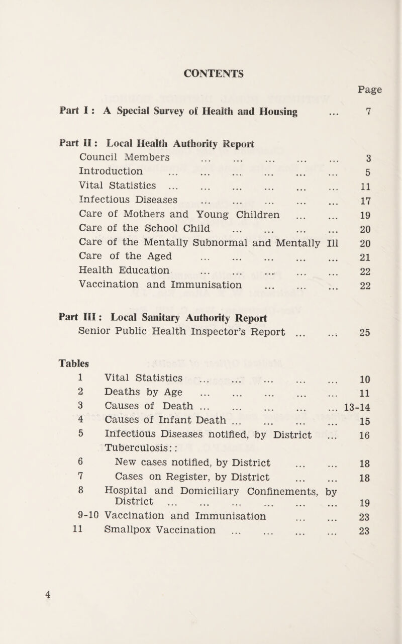 CONTENTS Part I : A Special Survey of Health and Housing Page 7 Part II: Local Health Authority Report Council Members . Introduction . Vital Statistics . Infectious Diseases . Care of Mothers and Young Children . Care of the School Child .. Care of the Mentally Subnormal and Mentally Ill Care of the Aged . Health Education . Vaccination and Immunisation . 3 5 11 17 19 20 20 21 22 22 Part III: Local Sanitary Authority Report Senior Public Health Inspector’s Report.. 25 Tables 1 Vital Statistics . 10 2 Deaths by Age . 11 3 Causes of Death.13-14 4 Causes of Infant Death ... .. 15 5 Infectious Diseases notified, by District ... 16 Tuberculosis:: 6 New cases notified, by District . 18 7 Cases on Register, by District . 18 8 Hospital and Domiciliary Confinements, by District . 19 9-10 Vaccination and Immunisation . 23 11 Smallpox Vaccination . 23