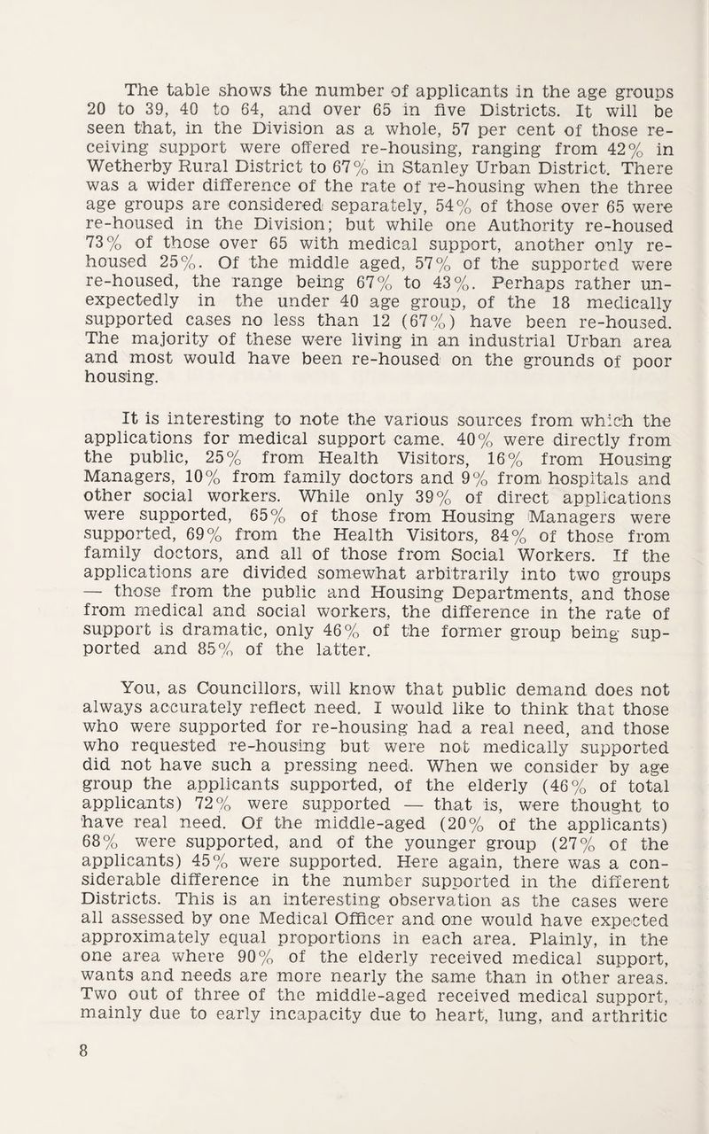 The table shows the number of applicants in the age groups 20 to 39, 40 to 64, and over 65 in five Districts. It will be seen that, in the Division as a whole, 57 per cent of those re¬ ceiving support were offered re-housing, ranging from 42% in Wetherby Rural District to 67% in Stanley Urban District. There was a wider difference of the rate of re-housing when the three age groups are considered separately, 54% of those over 65 were re-housed in the Division; but while one Authority re-housed 73% of those over 65 with medical support, another only re¬ housed 25%. Of the middle aged, 57% of the supported were re-housed, the range being 67% to 43%. Perhaps rather un¬ expectedly in the under 40 age group, of the 18 medically supported cases no less than 12 (67%) have been re-housed. The majority of these were living in an industrial Urban area and most would have been re-housed on the grounds of poor housing. It is interesting to note the various sources from which the applications for medical support came. 40% were directly from the public, 25% from Health Visitors, 16% from Housing Managers, 10% from family doctors and 9% from, hospitals and other social workers. While only 39% of direct applications were supported, 65% of those from Housing Managers were supported, 69% from the Health Visitors, 84% of those from family doctors, and all of those from Social Workers. If the applications are divided somewhat arbitrarily into two groups — those from the public and Housing Departments, and those from medical and social workers, the difference in the rate of support is dramatic, only 46% of the former group being sup¬ ported and 85% of the latter. You, as Councillors, will know that public demand does not always accurately reflect need. I would like to think that those who were supported for re-housing had a real need, and those who requested re-housing but were not medically supported did not have such a pressing need. When we consider by age group the applicants supported, of the elderly (46% of total applicants) 72% were supported — that is, were thought to have real need. Of the middle-aged (20% of the applicants) 68% were supported, and of the younger group (27% of the applicants) 45% were supported. Here again, there was a con¬ siderable difference in the number supported in the different Districts. This is an interesting observation as the cases were all assessed by one Medical Officer and one would have expected approximately equal proportions in each area. Plainly, in the one area where 90% of the elderly received medical support, wants and needs are more nearly the same than in other areas. Two out of three of the middle-aged received medical support, mainly due to early incapacity due to heart, lung, and arthritic