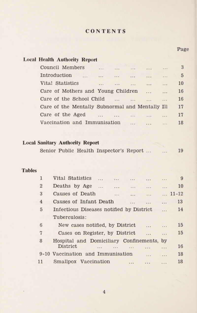 CONTENTS Page Local Health Authority Report Council Members . 3 Introduction . 5 Vital Statistics 10 Care of Mothers and Young Children . 16 Care of the School Child . 16 Care of the Mentally Subnormal and Mentally Ill 17 Care of the Aged . 17 Vaccination and Immunisation . 18 Local Sanitary Authority Report Senior Public Health Inspector’s Report 19 Tables 1 Vital Statistics . 2 Deaths by Age . 3 Causes of Death . 4 Causes of Infant Death . 5 Infectious Diseases notified by District Tuberculosis: 6 New cases notified, by District 7 Cases on Register, by District 8 Hospital and Domiciliary Confinements, by District . 9-10 Vaccination and Immunisation 11 Smallpox Vaccination . 9 10 11-12 13 14 15 15 16 18 18