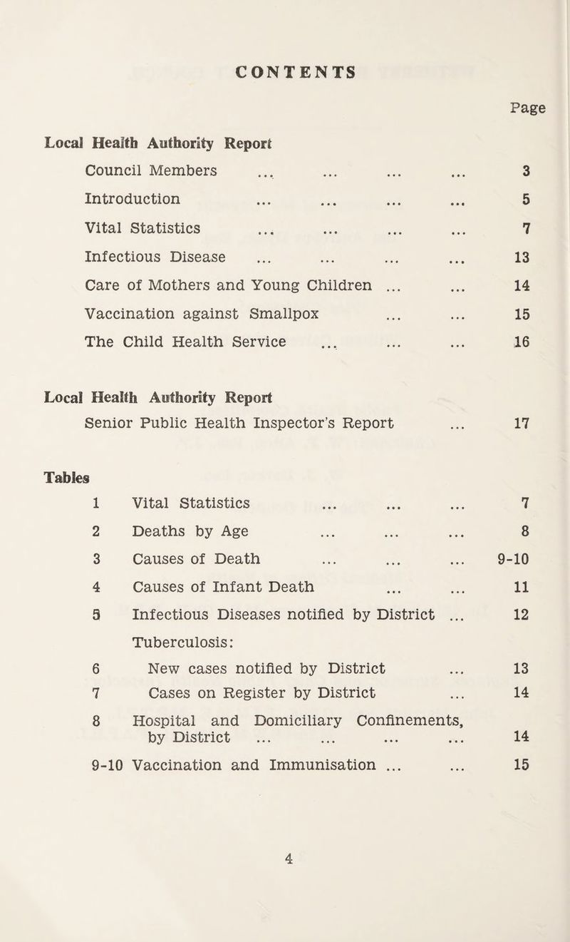 CONTENTS Page Local Health Authority Report Council Members ... ... ... ... 3 Introduction ... ... ... ... 5 Vital Statistics ... ... ... ... 7 Infectious Disease ... ... ... ... 13 Care of Mothers and Young Children ... ... 14 Vaccination against Smallpox ... ... 15 The Child Health Service ... ... ... 16 Local Health Authority Report Senior Public Health Inspector’s Report ... 17 Tables 1 Vital Statistics ... ... ... 7 2 Deaths by Age ... ... ... 8 3 Causes of Death ... ... ... 9-10 4 Causes of Infant Death ... ... 11 9 Infectious Diseases notified by District ... 12 Tuberculosis: 6 New cases notified by District ... 13 7 Cases on Register by District ... 14 8 Hospital and Domiciliary Confinements, by District ... ... ... ... 14 9-10 Vaccination and Immunisation ... ... 15
