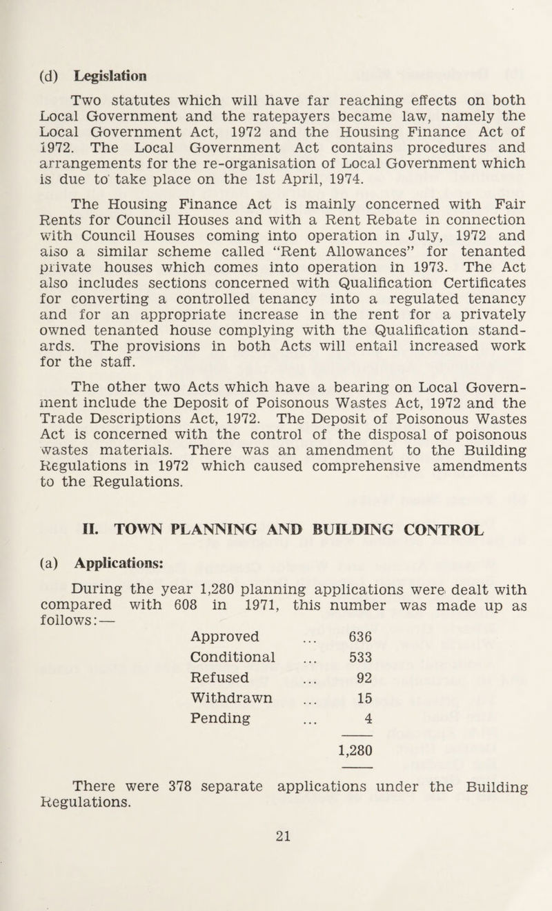 (d) Legislation Two statutes which will have far reaching effects on both Local Government and the ratepayers became law, namely the Local Government Act, 1972 and the Housing Finance Act of 1972. The Local Government Act contains procedures and arrangements for the re-organisation of Local Government which is due to take place on the 1st April, 1974. The Housing Finance Act is mainly concerned with Fair Rents for Council Houses and with a Rent Rebate in connection with Council Houses coming into operation in July, 1972 and also a similar scheme called “Rent Allowances” for tenanted private houses which comes into operation in 1973. The Act also includes sections concerned with Qualification Certificates for converting a controlled tenancy into a regulated tenancy and for an appropriate increase in the rent for a privately owned tenanted house complying with the Qualification stand¬ ards. The provisions in both Acts will entail increased work for the staff. The other two Acts which have a bearing on Local Govern¬ ment include the Deposit of Poisonous Wastes Act, 1972 and the Trade Descriptions Act, 1972. The Deposit of Poisonous Wastes Act is concerned with the control of the disposal of poisonous wastes materials. There was an amendment to the Building Regulations in 1972 which caused comprehensive amendments to the Regulations. II. TOWN PLANNING AND BUILDING CONTROL (a) Applications: During the year 1,280 planning applications were dealt with compared with 608 in 1971, this number was made up as follows: — Approved 636 Conditional 533 Refused 92 Withdrawn 15 Pending 4 1,280 There were 378 separate applications under the Building Regulations.