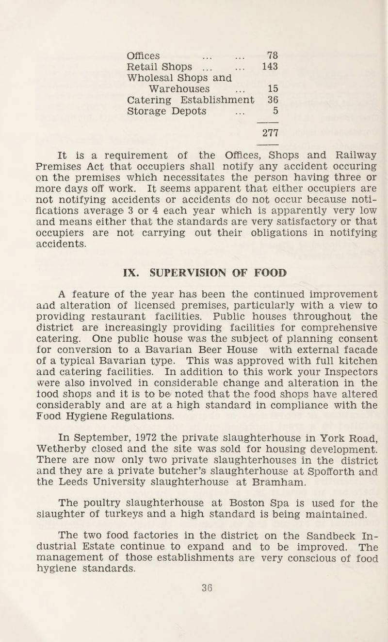 Offices Retail Shops ... Wholesal Shops and 78 143 Warehouses Catering Establishment Storage Depots 15 36 5 277 It is a requirement of the Offices, Shops and Railway- Premises Act that occupiers shall notify any accident occuring on the premises which necessitates the person having three or more days off work. It seems apparent that either occupiers are not notifying accidents or accidents do not occur because noti¬ fications average 3 or 4 each year which is apparently very low and means either that the standards are very satisfactory or that occupiers are not carrying out their obligations in notifying accidents. IX. SUPERVISION OF FOOD A feature of the year has been the continued improvement and alteration of licensed premises, particularly with a view to providing restaurant facilities. Public houses throughout the district are increasingly providing facilities for comprehensive catering. One public house was the subject of planning consent for conversion to a Bavarian Beer House with external facade of a typical Bavarian type. This was approved with full kitchen and catering facilities. In addition to this work your Inspectors were also involved in considerable change and alteration in the food shops and it is to be/ noted that the food shops have altered considerably and are at a high standard in compliance with the Food Hygiene Regulations. In September, 1972 the private slaughterhouse in York Road, Wetherby closed and the site was sold for housing development. There are now only two private slaughterhouses in the district and they are a private butcher’s slaughterhouse at Spofforth and the Leeds University slaughterhouse at Bramham. The poultry slaughterhouse at Boston Spa is used for the slaughter of turkeys and a high standard is being maintained. The two food factories in the district on the Sandbeck In¬ dustrial Estate continue to expand and to be improved. The management of those establishments are very conscious of food hygiene standards.